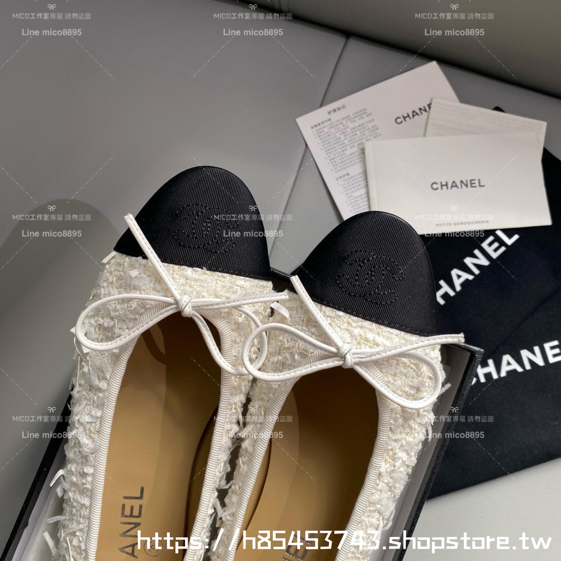 CHANEL 小香 經典款芭蕾舞鞋 呢料白拼布 平底鞋/女鞋 Size：35-39（34.40.41.42定做不退换）