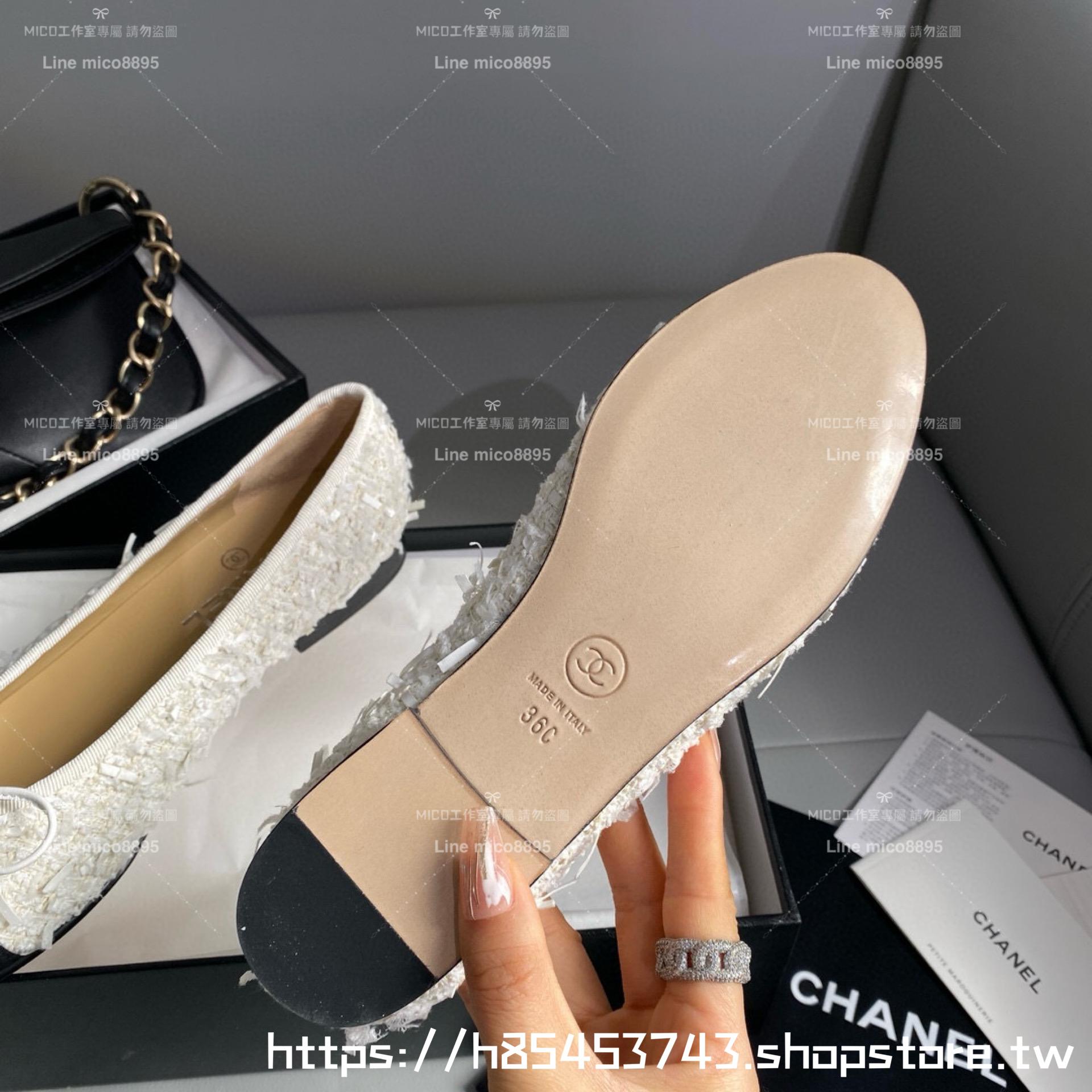 CHANEL 小香 經典款芭蕾舞鞋 呢料白拼布 平底鞋/女鞋 Size：35-39（34.40.41.42定做不退换）