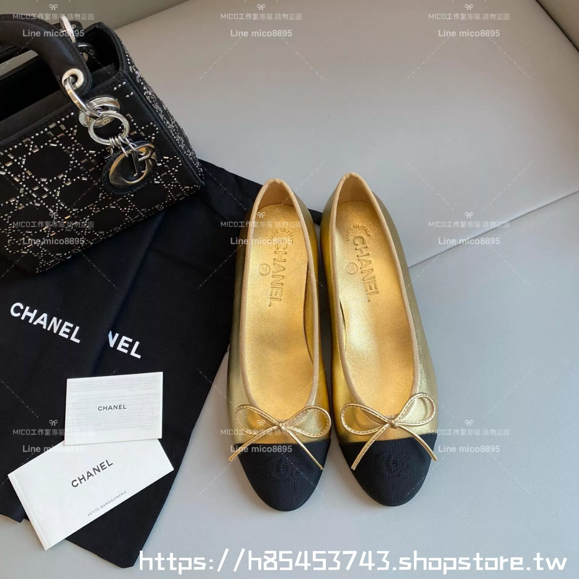 CHANEL 小香 經典款芭蕾舞鞋 金色羊皮/布黑 平底鞋/女鞋 Size：35-39（34.40.41.42定做不退换）