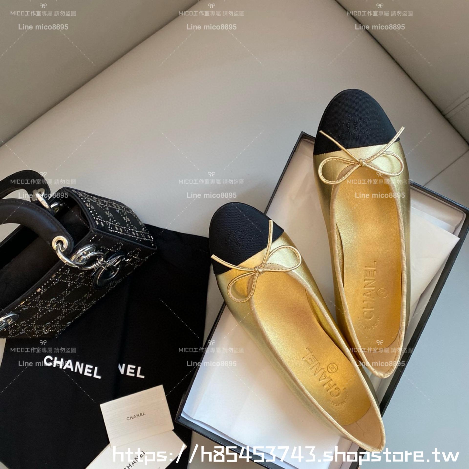 CHANEL 小香 經典款芭蕾舞鞋 金色羊皮/布黑 平底鞋/女鞋 Size：35-39（34.40.41.42定做不退换）