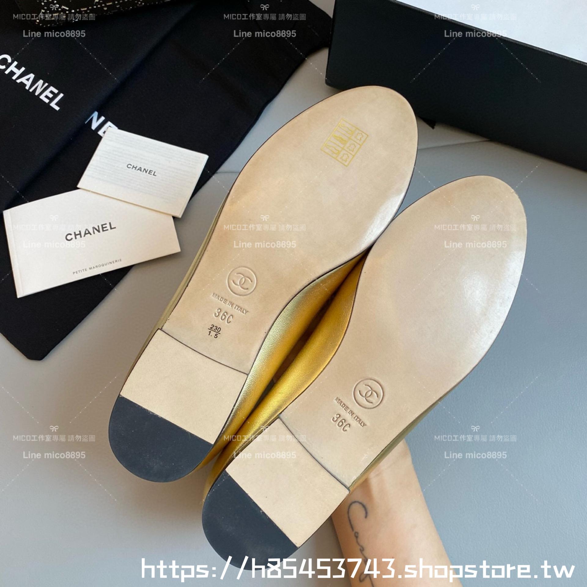 CHANEL 小香 經典款芭蕾舞鞋 金色羊皮/布黑 平底鞋/女鞋 Size：35-39（34.40.41.42定做不退换）