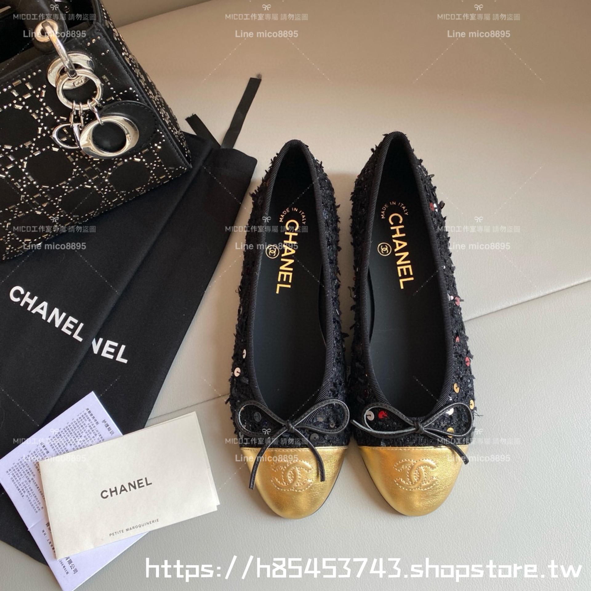 CHANEL 小香 經典款芭蕾舞鞋 黑呢料/亮片 平底鞋/女鞋 Size：35-39（34.40.41.42定做不退换）