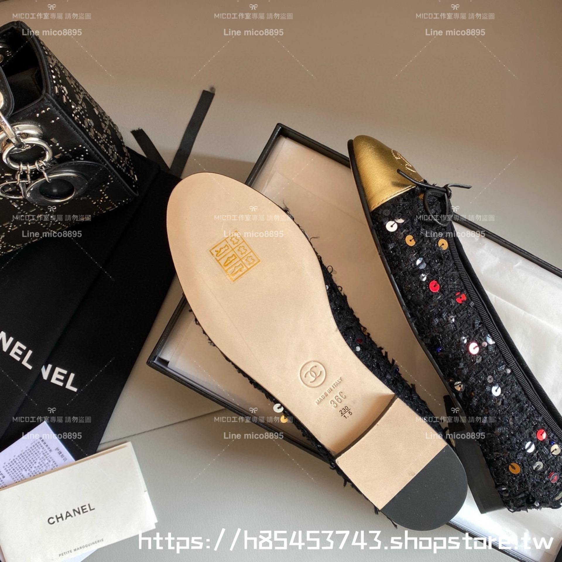 CHANEL 小香 經典款芭蕾舞鞋 黑呢料/亮片 平底鞋/女鞋 Size：35-39（34.40.41.42定做不退换）