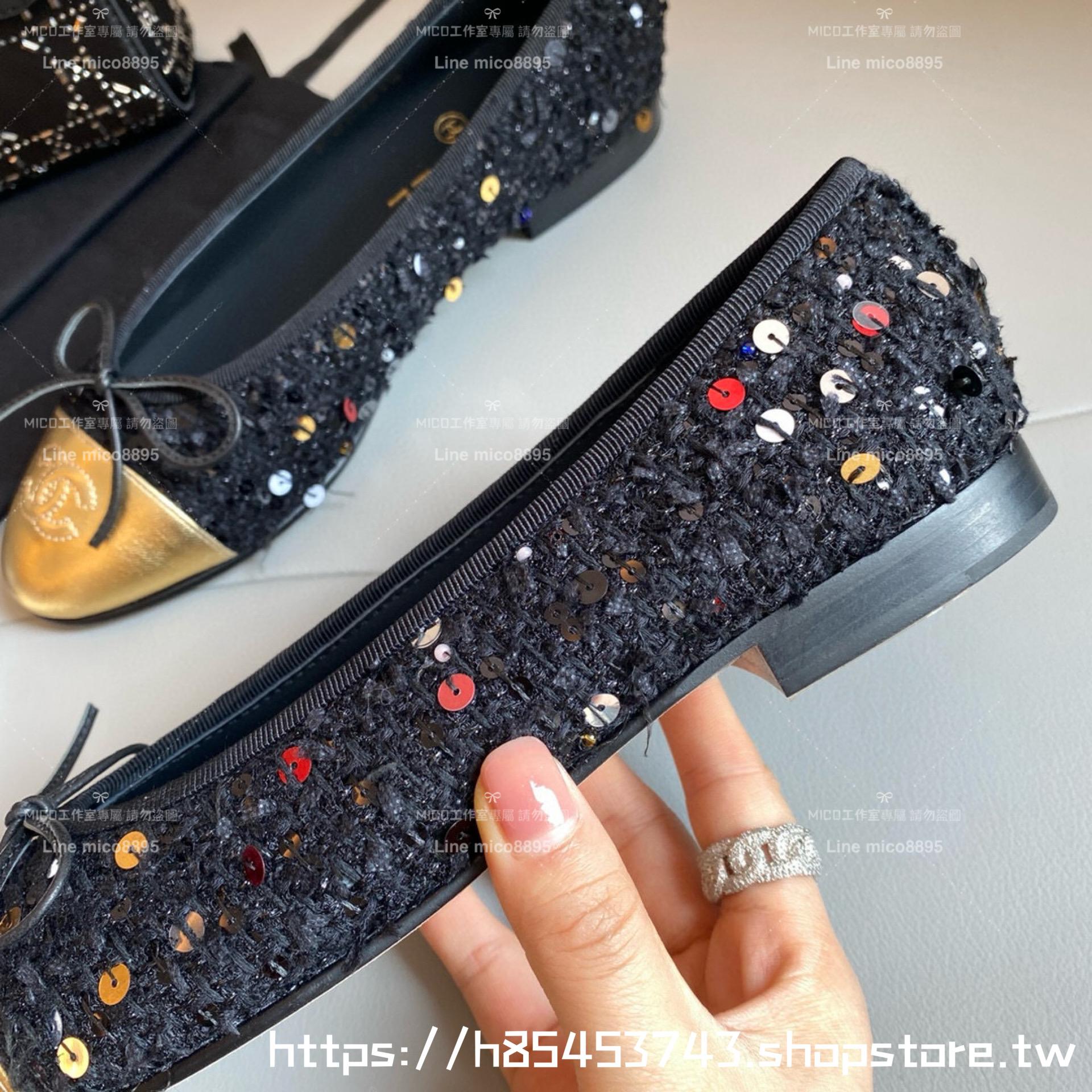 CHANEL 小香 經典款芭蕾舞鞋 黑呢料/亮片 平底鞋/女鞋 Size：35-39（34.40.41.42定做不退换）