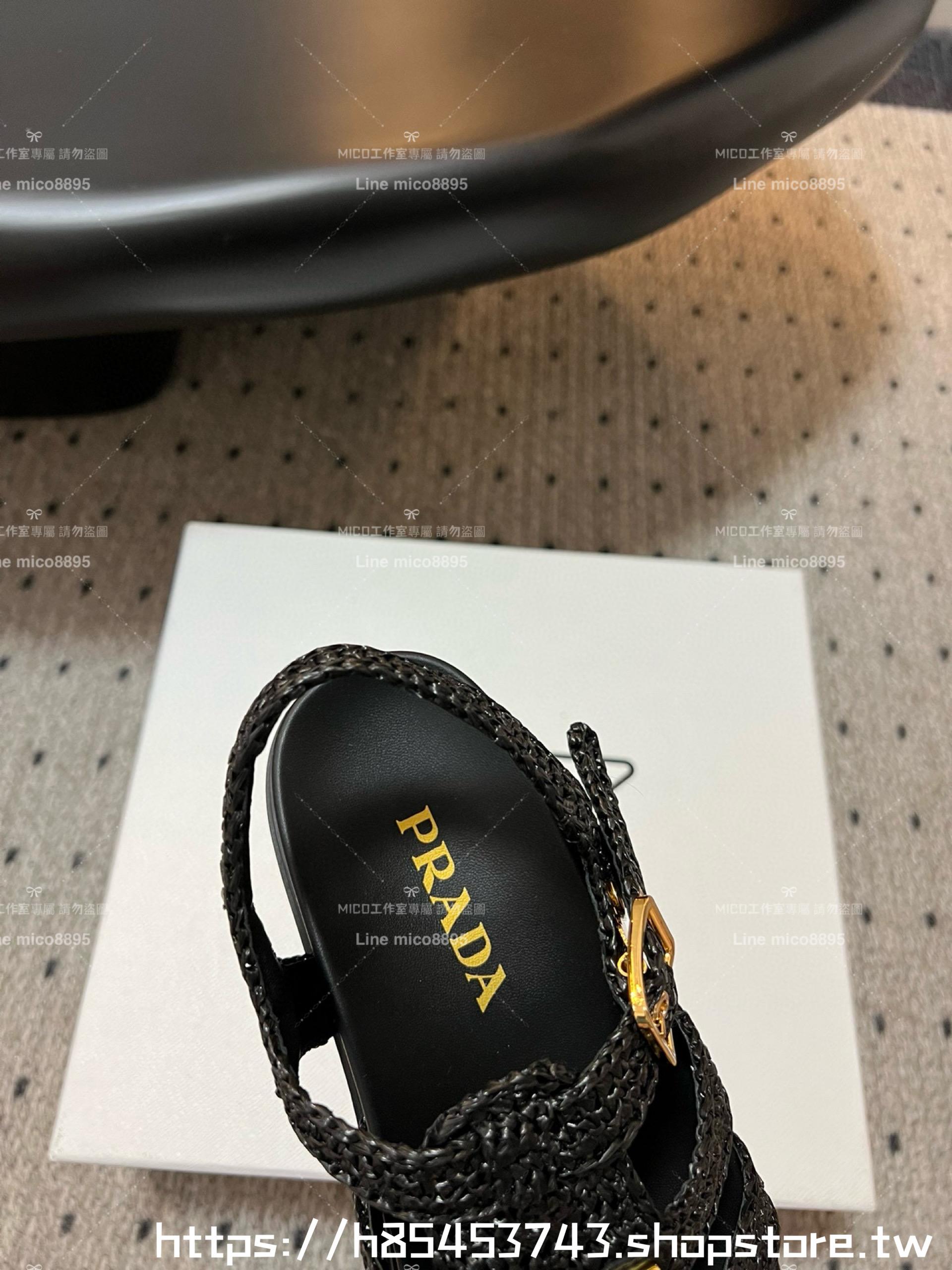 PRADA 普拉達 渡假風 黑色編織款羅馬涼鞋 35-40