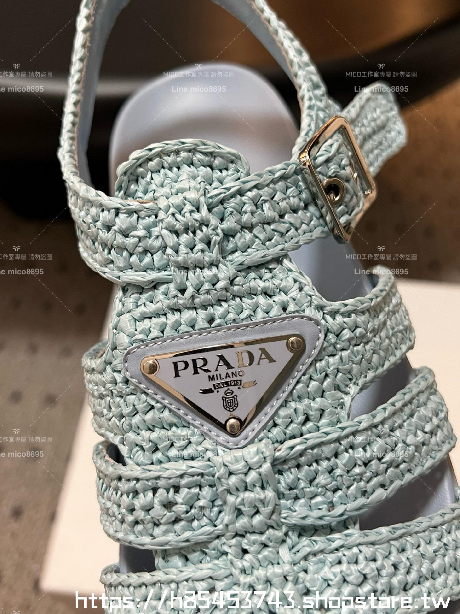 PRADA 普拉達 渡假風 天藍色編織款羅馬涼鞋 35-40