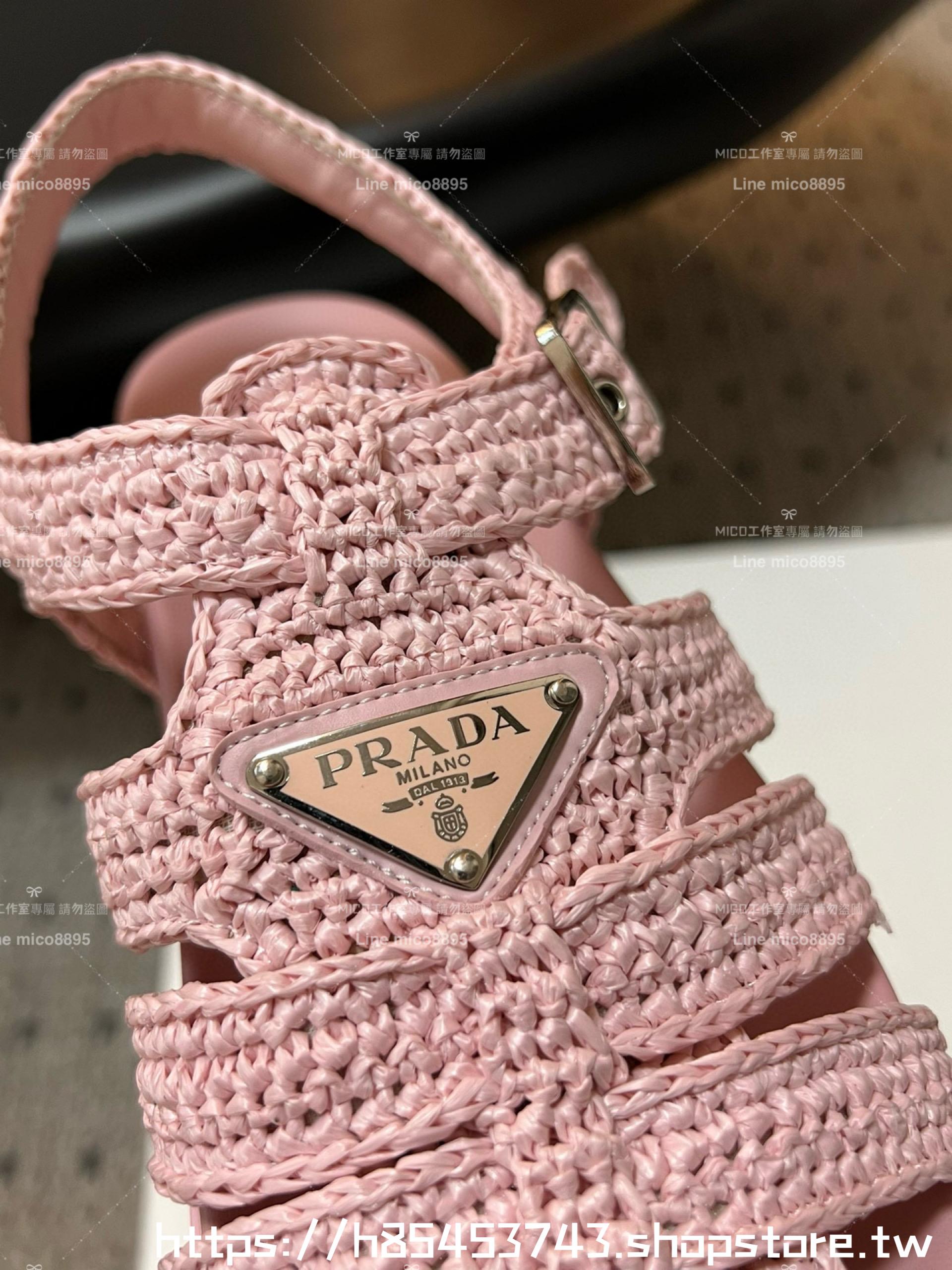 PRADA 普拉達 渡假風 粉色編織款羅馬涼鞋 35-40