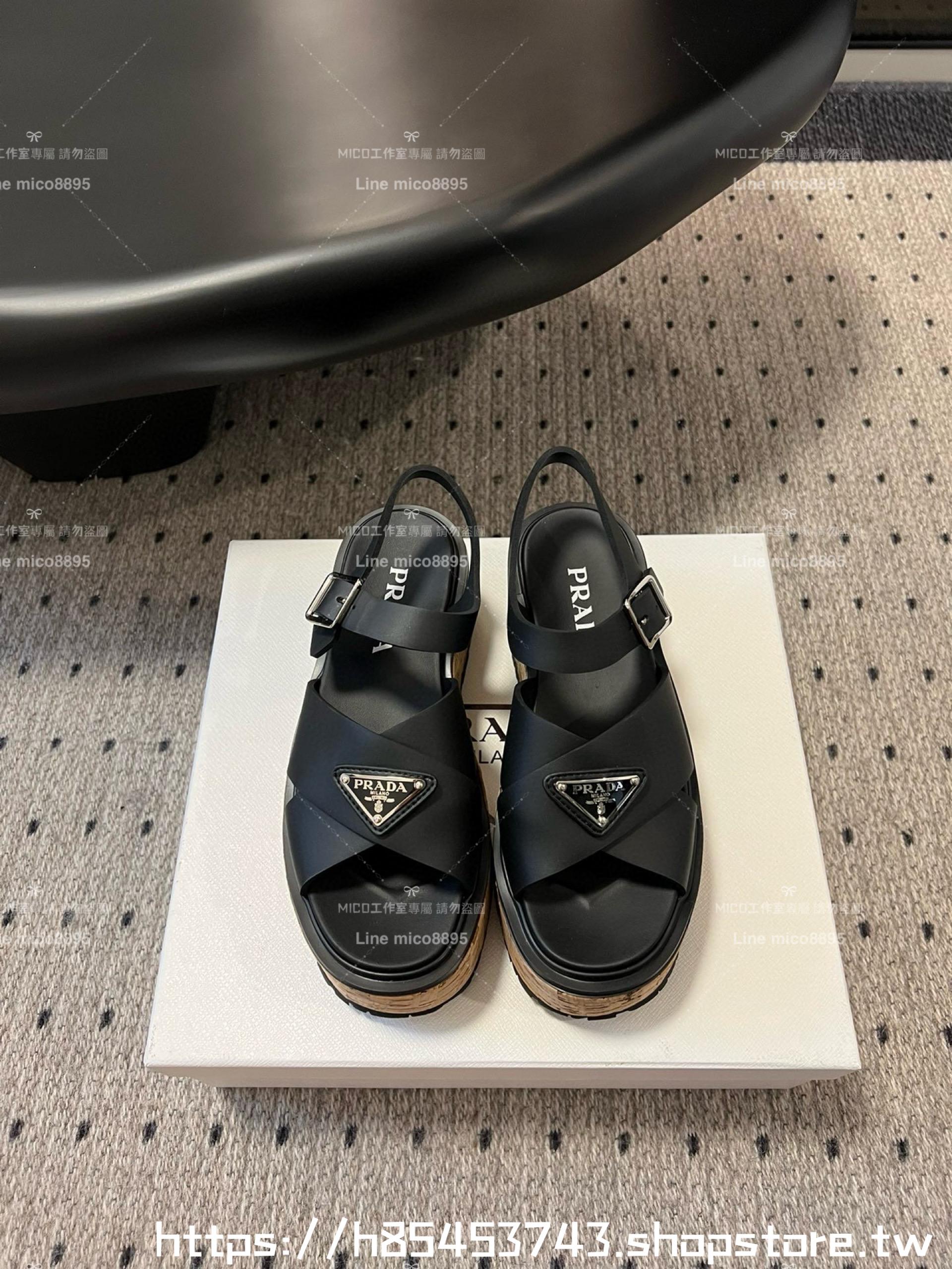 PRADA 普拉達 渡假風 黑色皮革楔形羅馬涼鞋 35-40