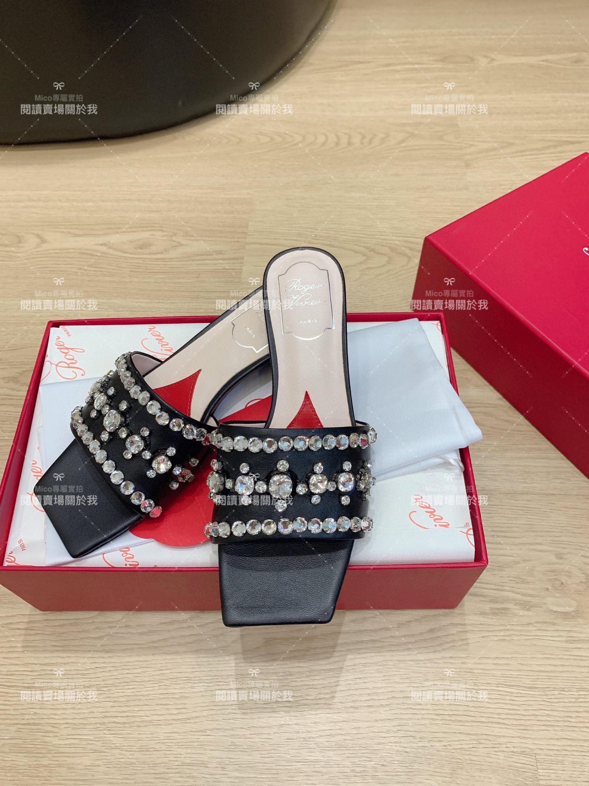 Roger vivier 黑色 鑽釦方頭絲緞拖鞋 穆勒拖鞋 35-39