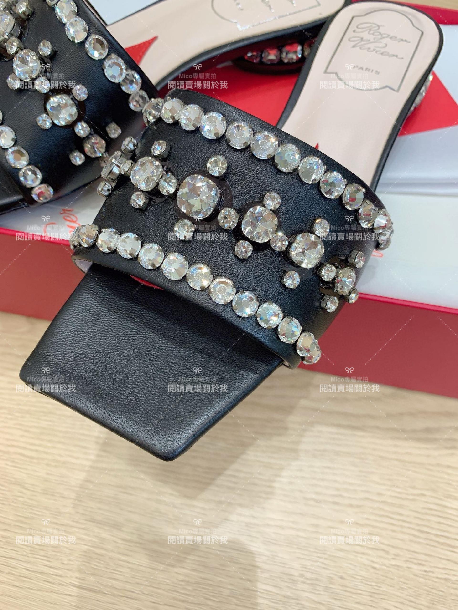 Roger vivier 黑色 鑽釦方頭絲緞拖鞋 穆勒拖鞋 35-39