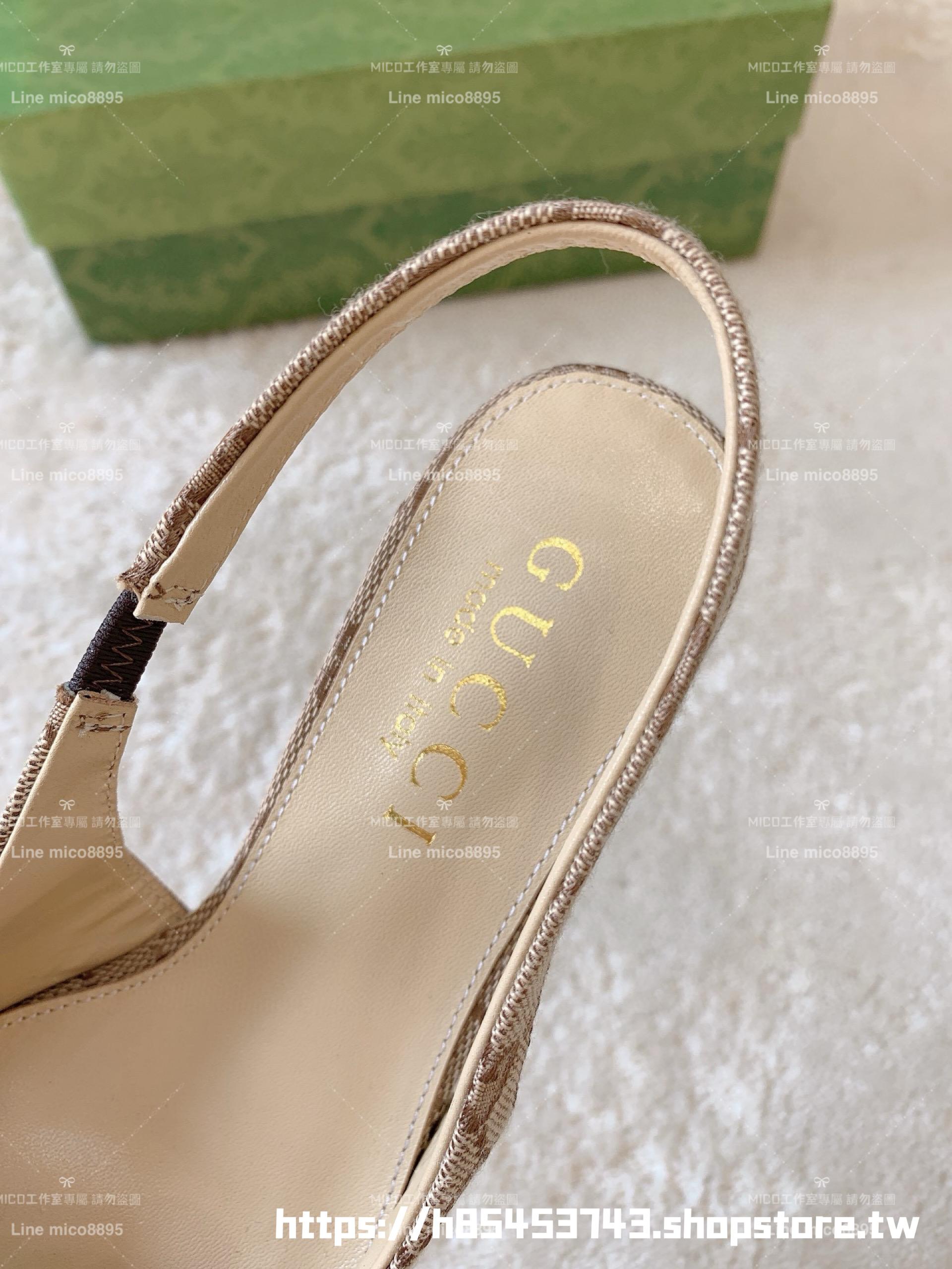 GUCCI 復古小貓跟 卡其老花 低跟繫帶尖頭低跟鞋 女鞋 涼鞋 35-40