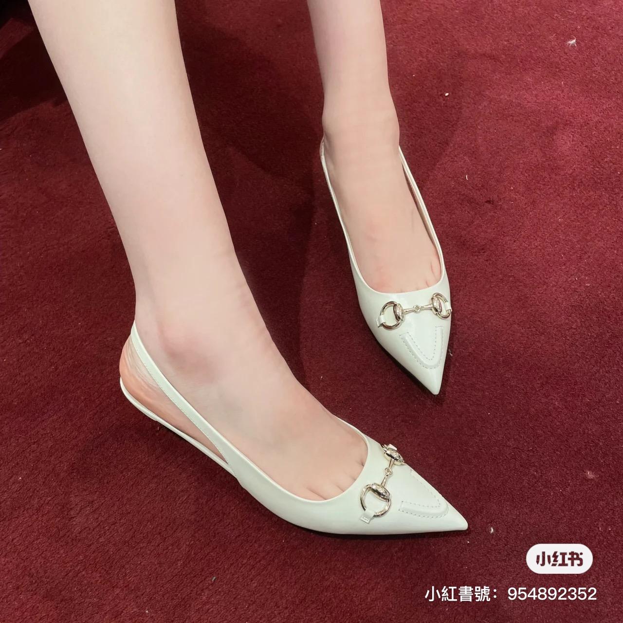 GUCCI 復古小貓跟 白色真皮 低跟繫帶尖頭低跟鞋 女鞋 涼鞋 35-40