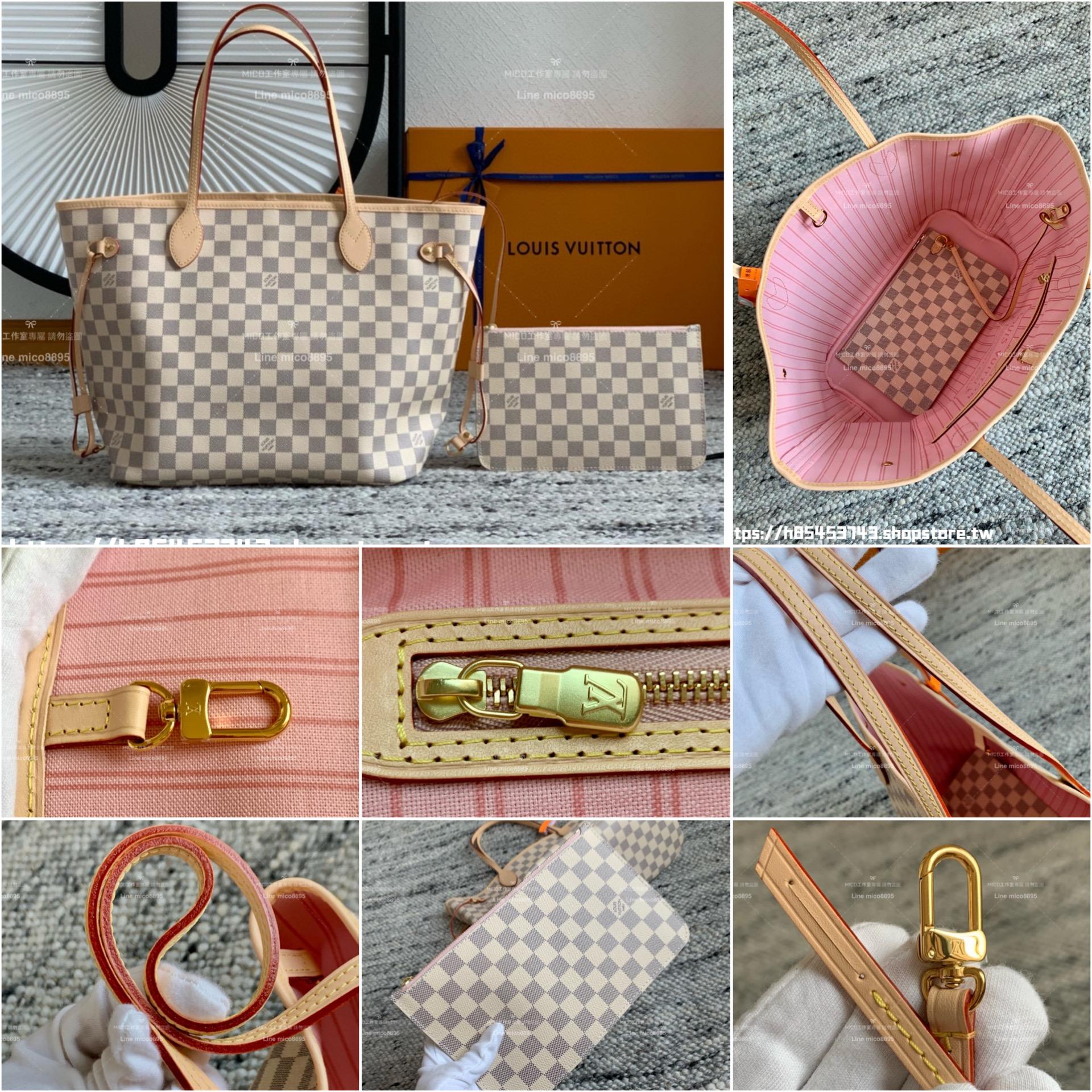 LV NEVERFULL 白色棋盤格 Damier Azur中號手袋 N41605 粉條紋/子母購物袋 托特包 31cm