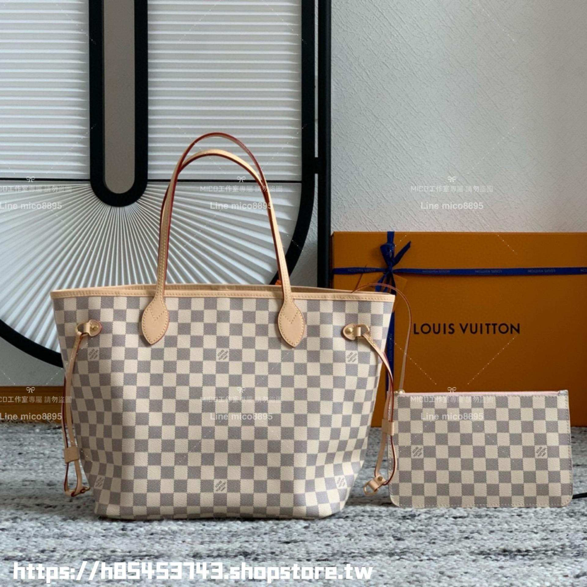 LV NEVERFULL 白色棋盤格 Damier Azur中號手袋 N41605 粉條紋/子母購物袋 托特包 31cm