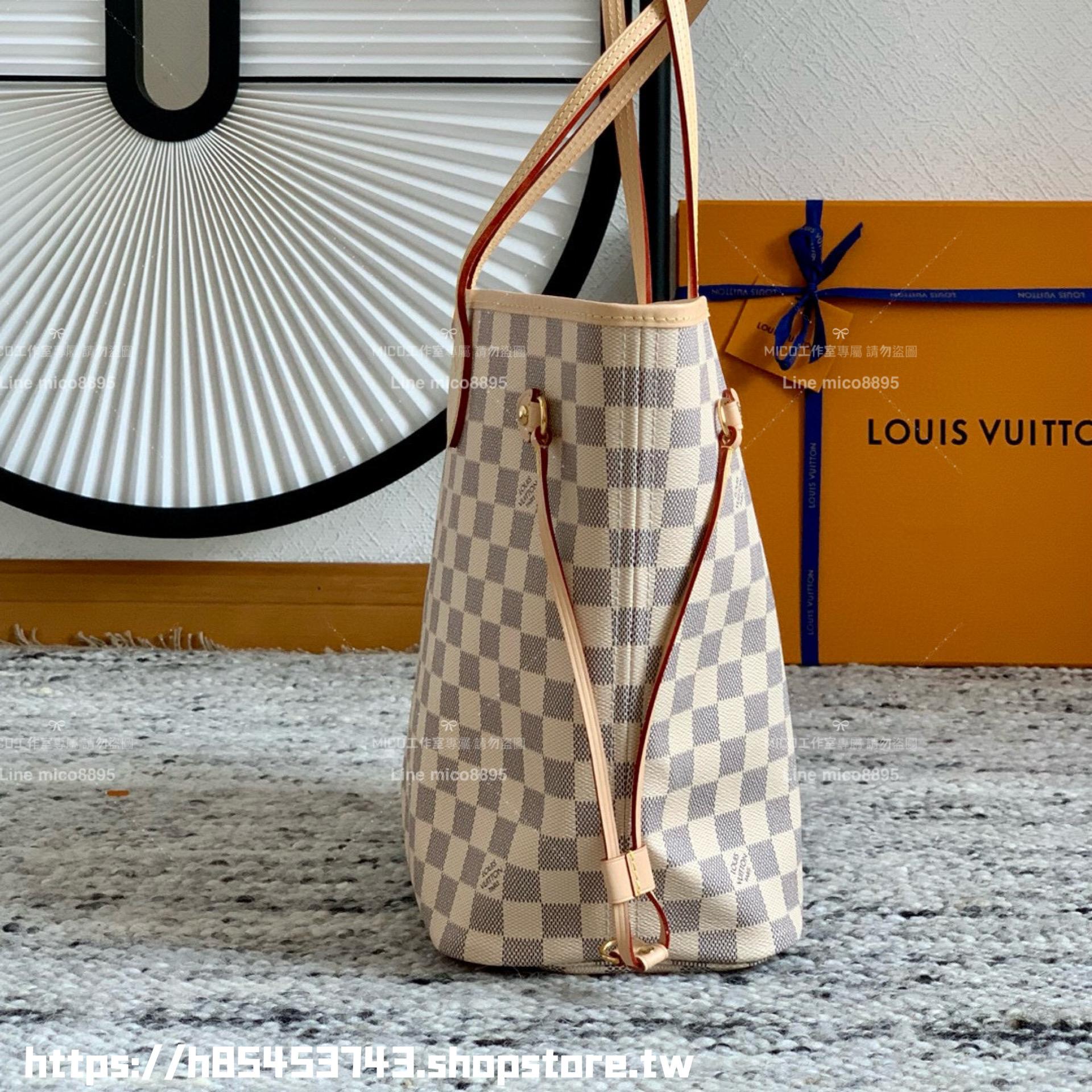 LV NEVERFULL 白色棋盤格 Damier Azur中號手袋 N41605 粉條紋/子母購物袋 托特包 31cm