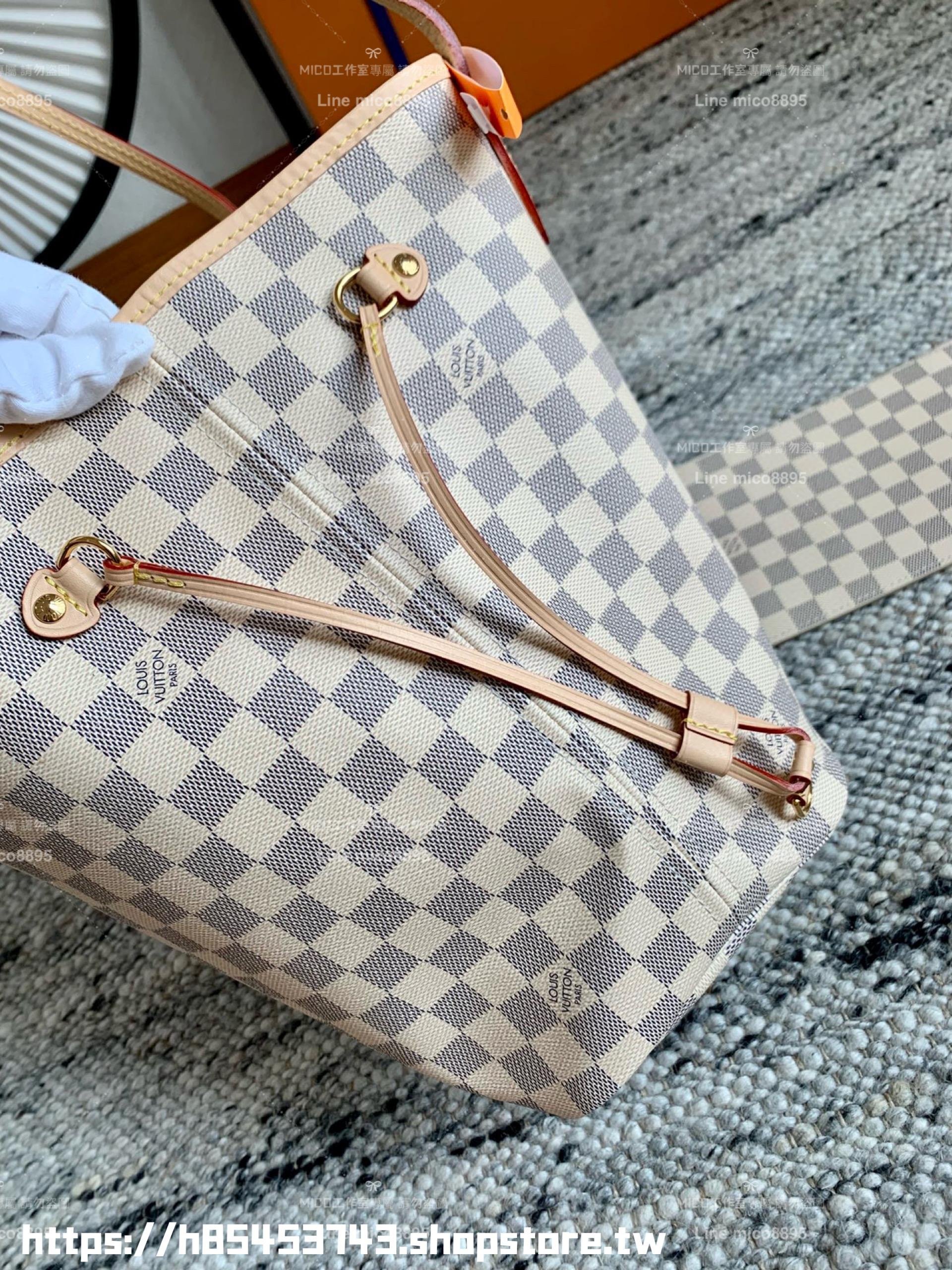 LV NEVERFULL 白色棋盤格 Damier Azur中號手袋 N41605 粉條紋/子母購物袋 托特包 31cm