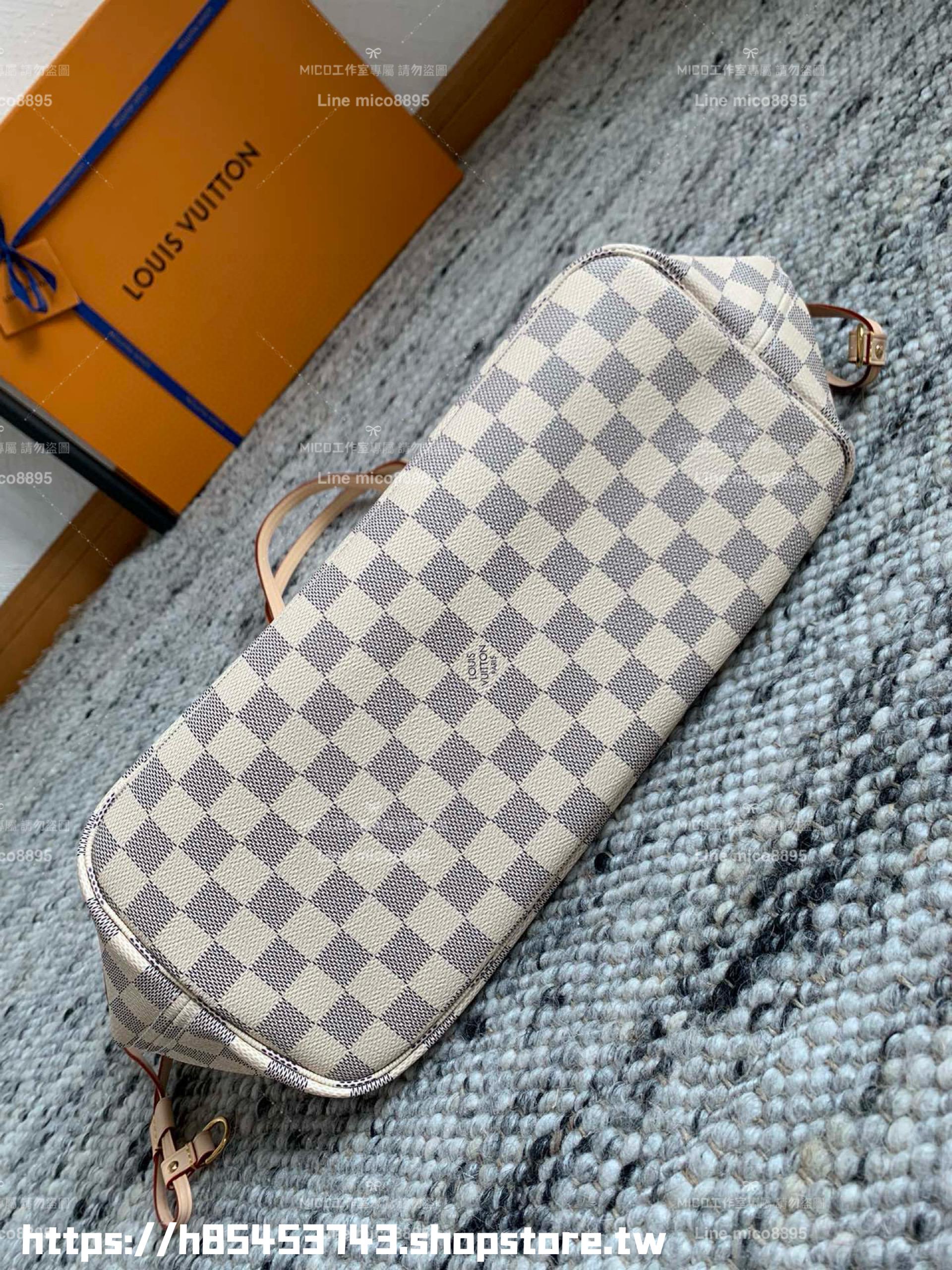 LV NEVERFULL 白色棋盤格 Damier Azur中號手袋 N41605 粉條紋/子母購物袋 托特包 31cm