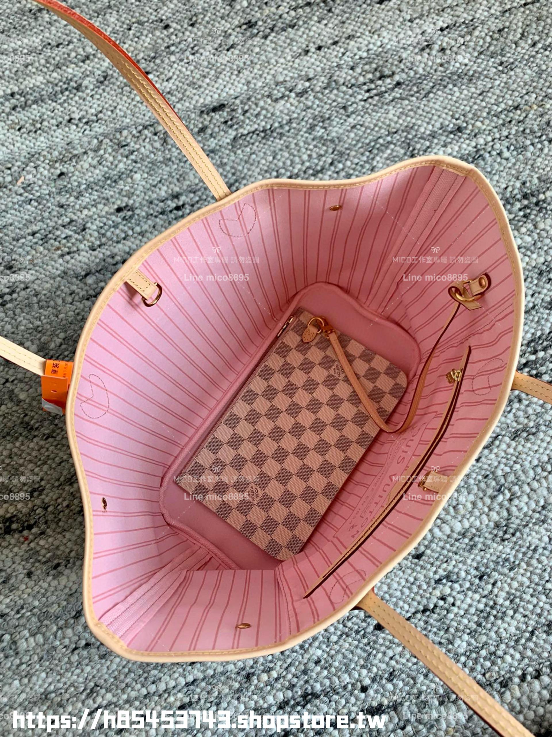 LV NEVERFULL 白色棋盤格 Damier Azur中號手袋 N41605 粉條紋/子母購物袋 托特包 31cm