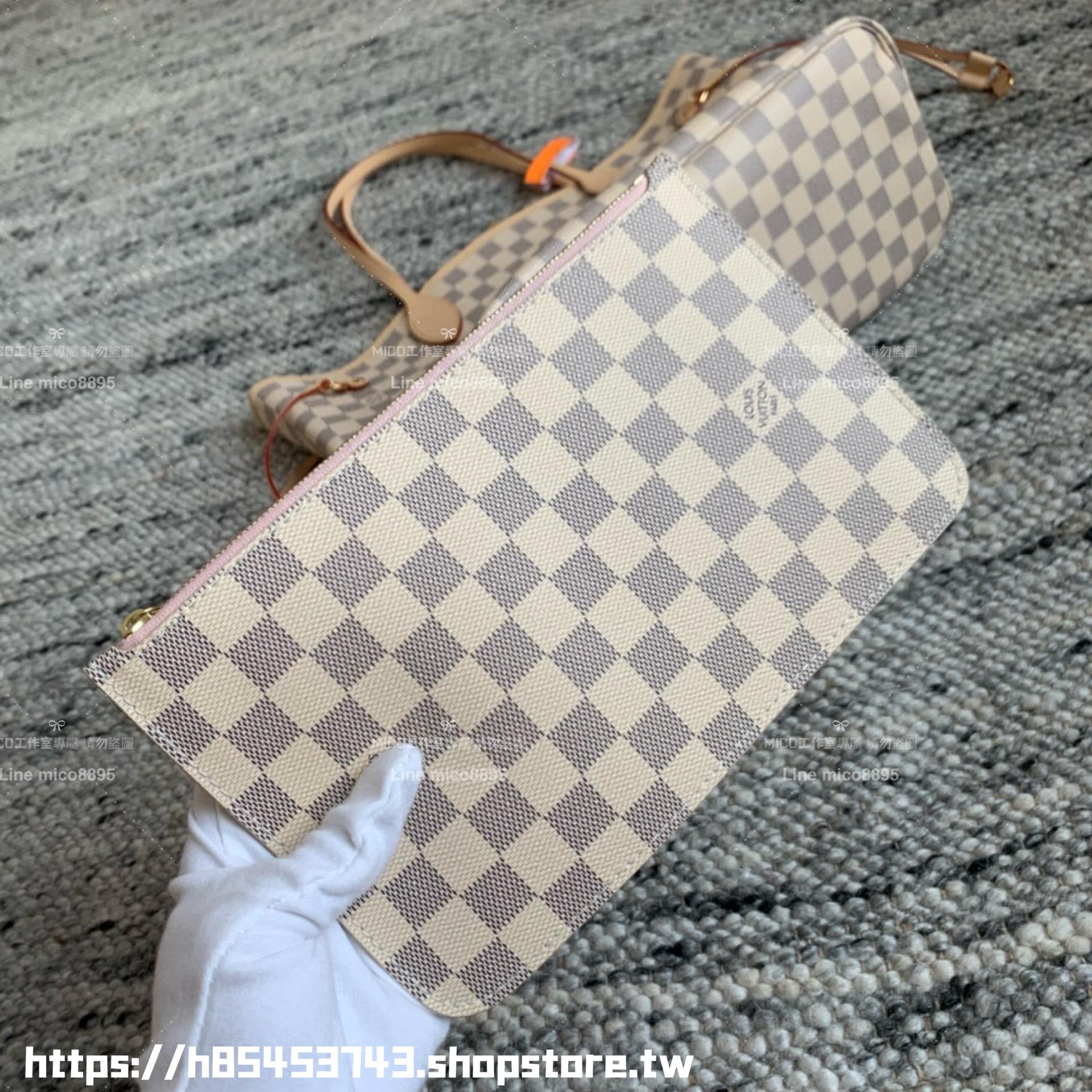 LV NEVERFULL 白色棋盤格 Damier Azur中號手袋 N41605 粉條紋/子母購物袋 托特包 31cm