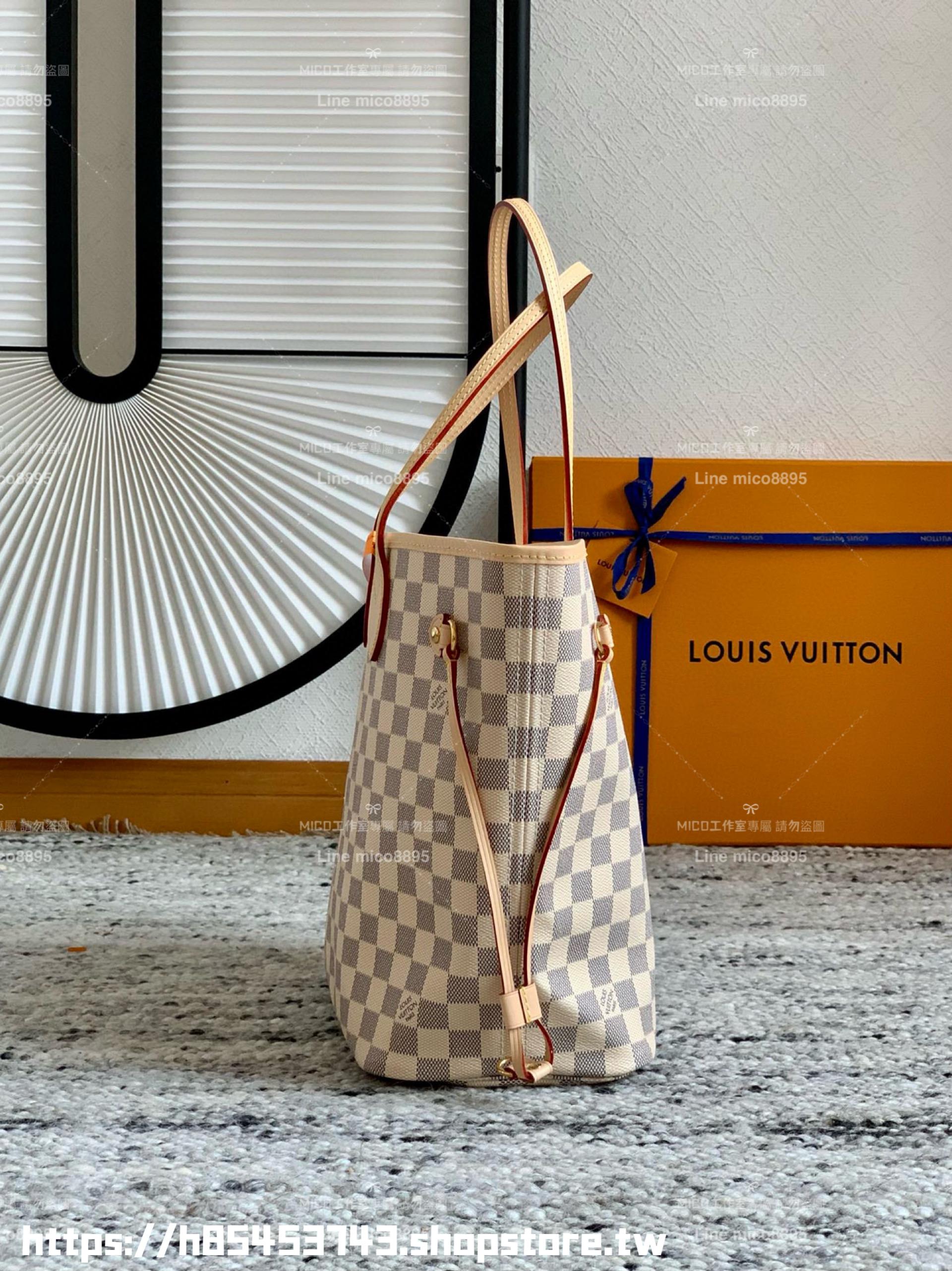 LV NEVERFULL 白色棋盤格 Damier Azur中號手袋 N41361 杏色條紋/子母購物袋 托特包 31cm