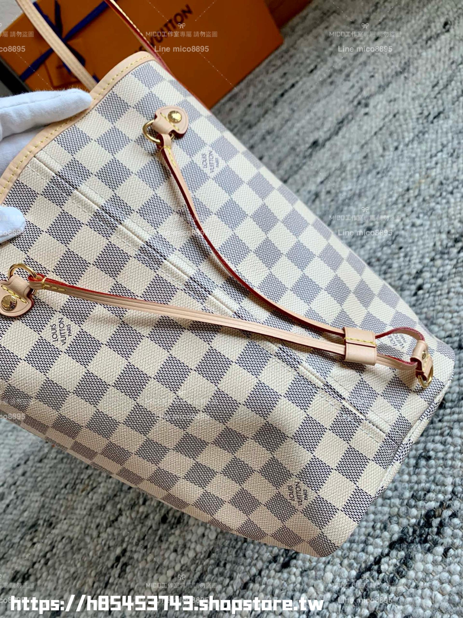 LV NEVERFULL 白色棋盤格 Damier Azur中號手袋 N41361 杏色條紋/子母購物袋 托特包 31cm