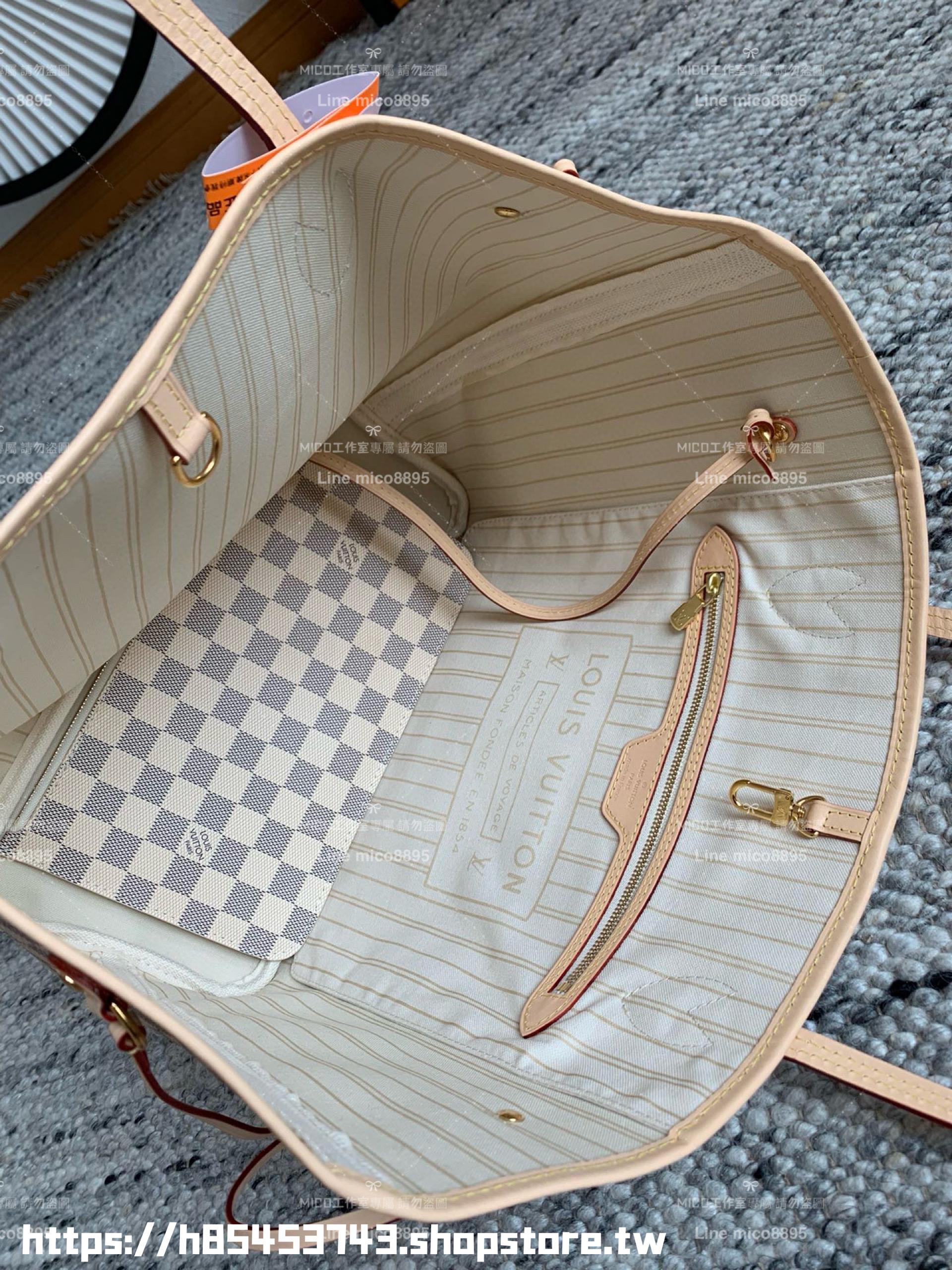 LV NEVERFULL 白色棋盤格 Damier Azur中號手袋 N41361 杏色條紋/子母購物袋 托特包 31cm