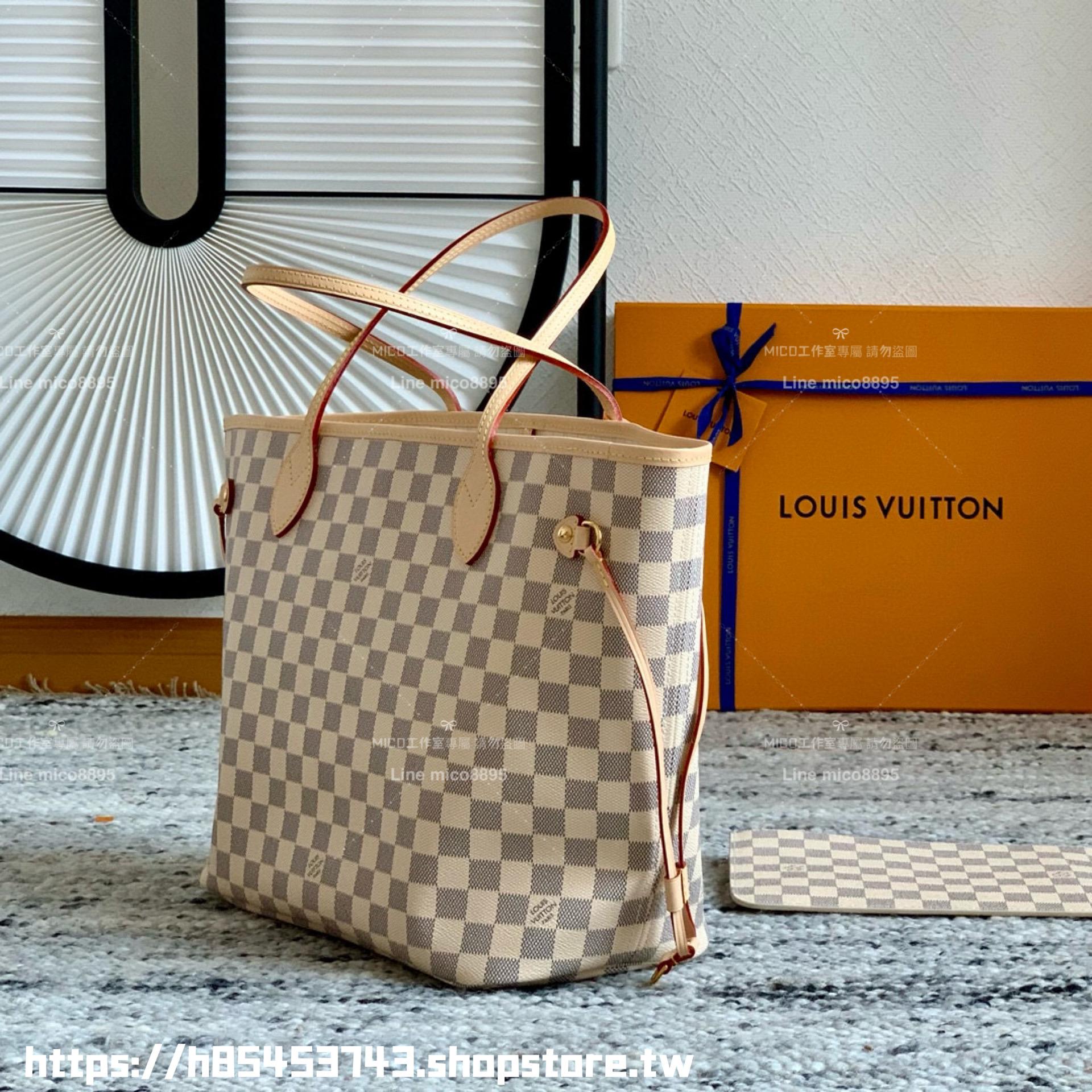 LV NEVERFULL 白色棋盤格 Damier Azur中號手袋 N41361 杏色條紋/子母購物袋 托特包 31cm