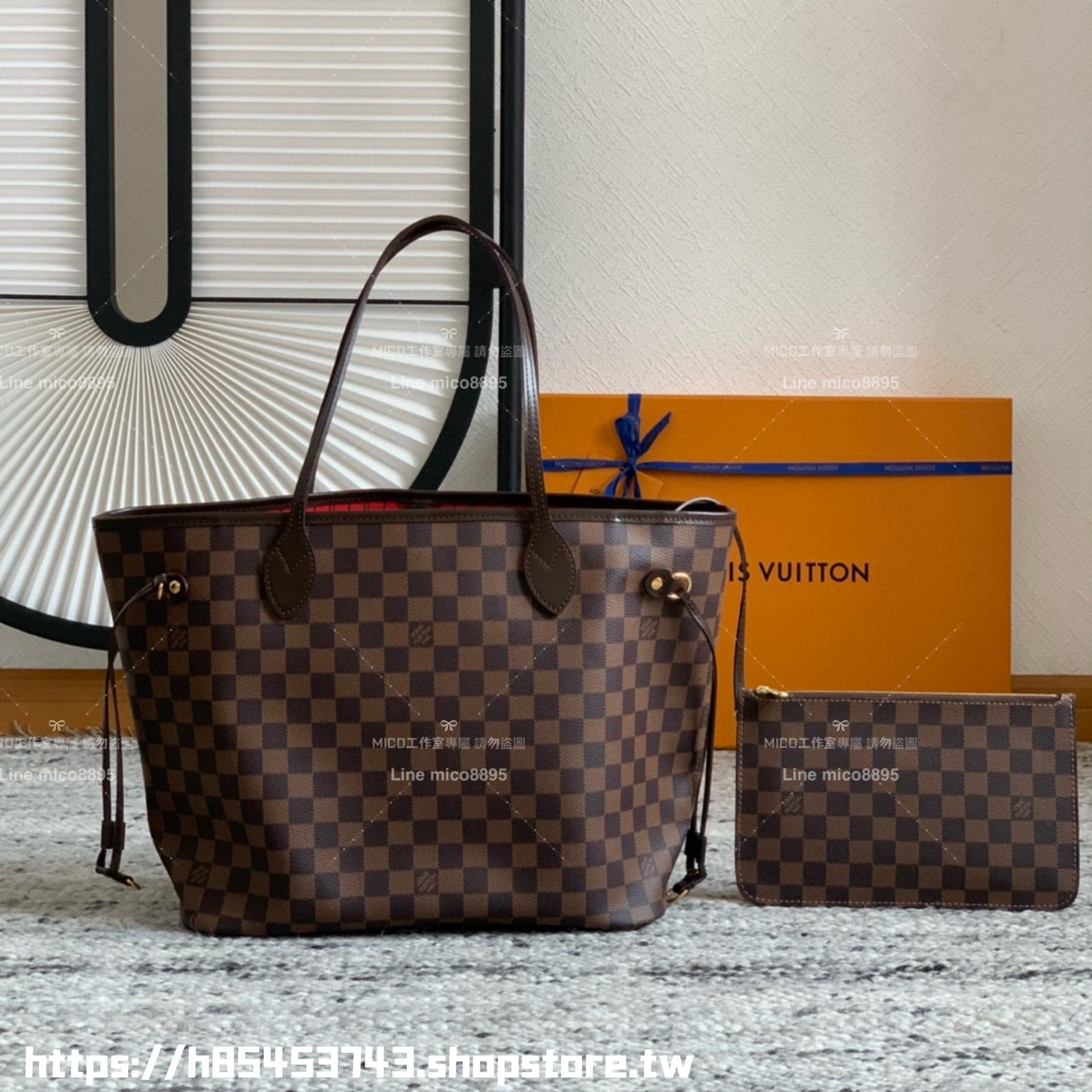 LV NEVERFULL 咖色棋盤格 Damier Azur中號手袋 M41358子母購物袋 托特包 31cm