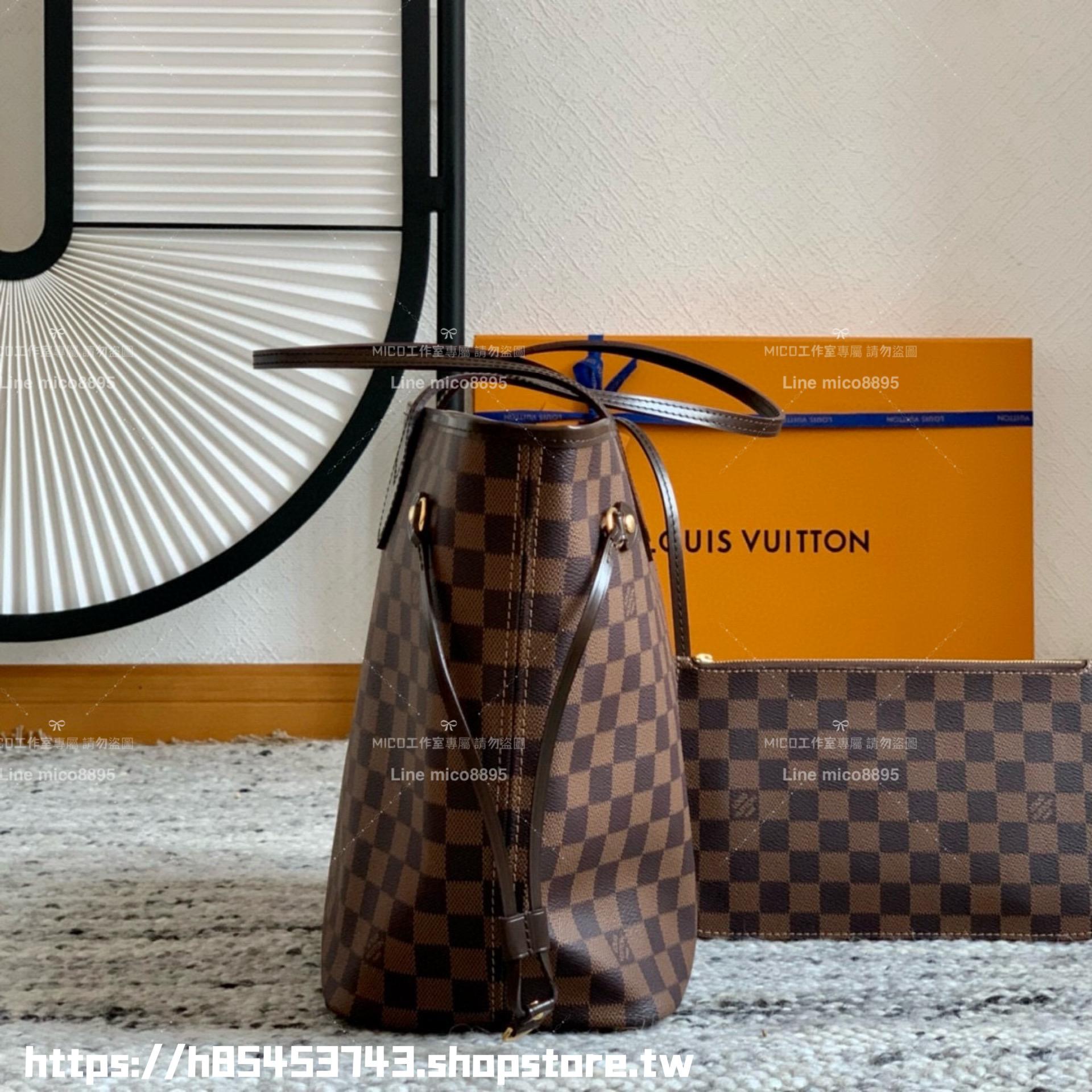 LV NEVERFULL 咖色棋盤格 Damier Azur中號手袋 M41358子母購物袋 托特包 31cm