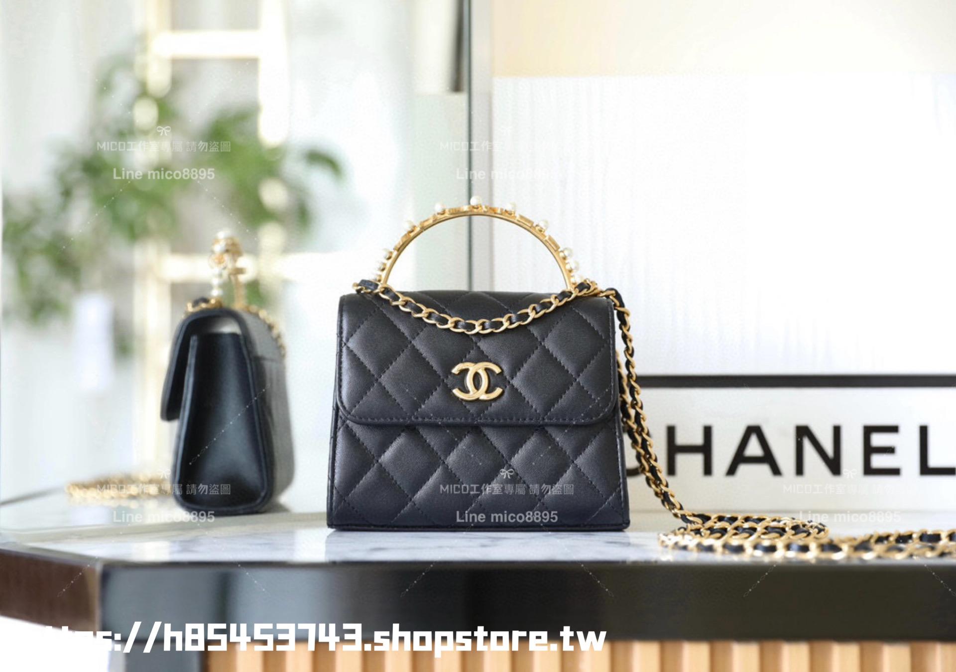 CHANEL 香奈兒｜23B 珍珠手柄mini Kelly手柄包 黑色羊皮 15cm