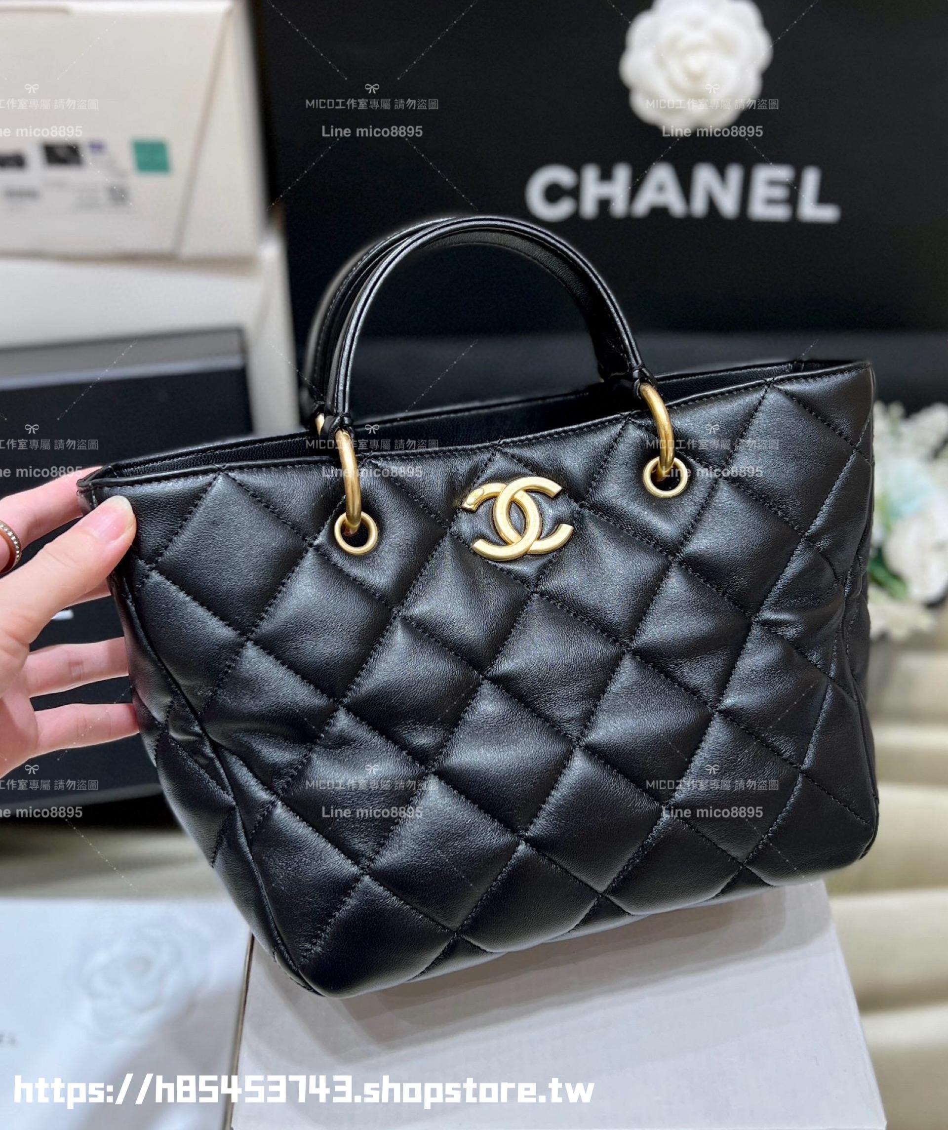 Chanel 香奈兒｜23B 秋冬預告系列 限量版小型購物袋 菜籃子 黑色小牛皮 22cm