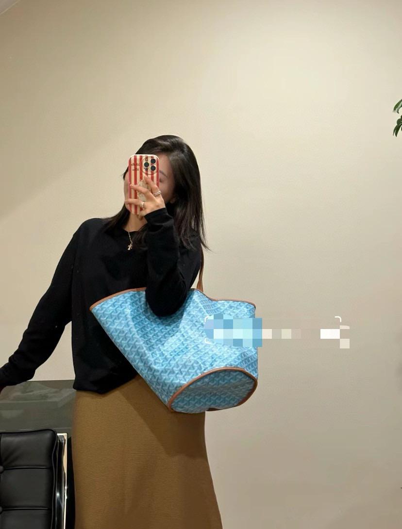 Goyard 雙面款 湖水藍帆布購物袋 拼接logo沙灘包 單肩手提女包