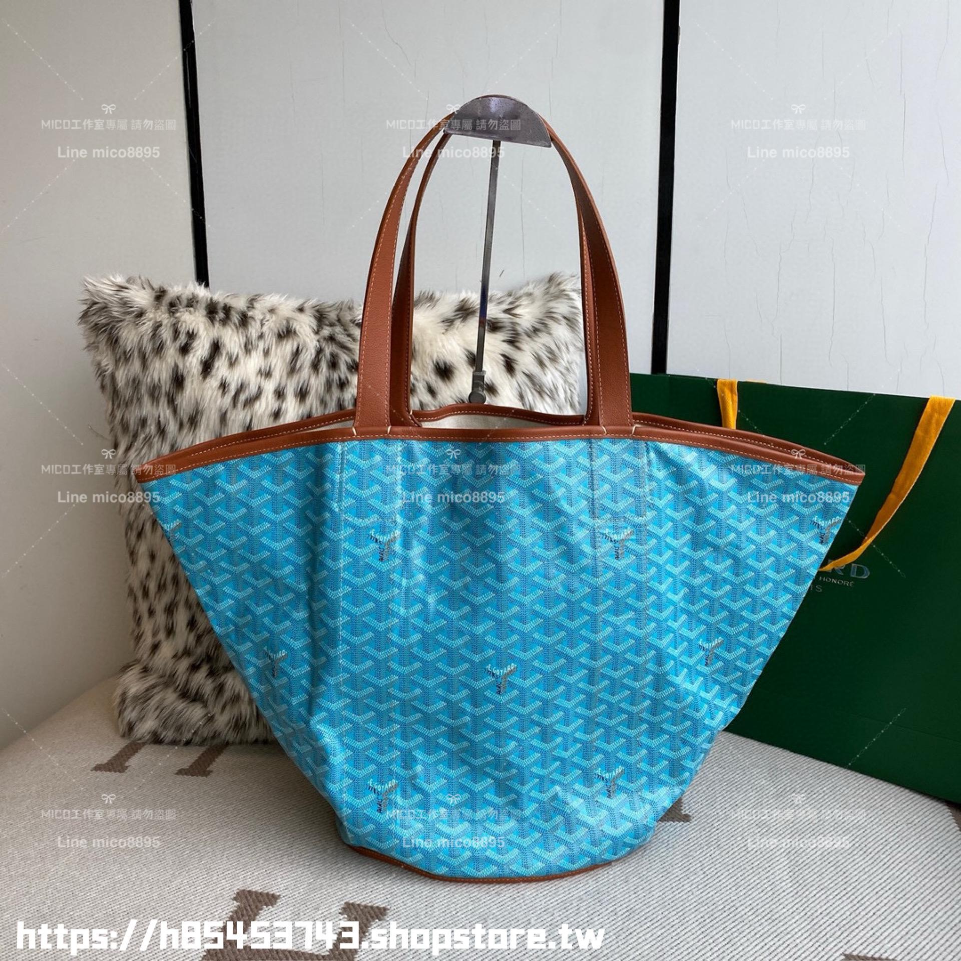 Goyard 雙面款 湖水藍帆布購物袋 拼接logo沙灘包 單肩手提女包