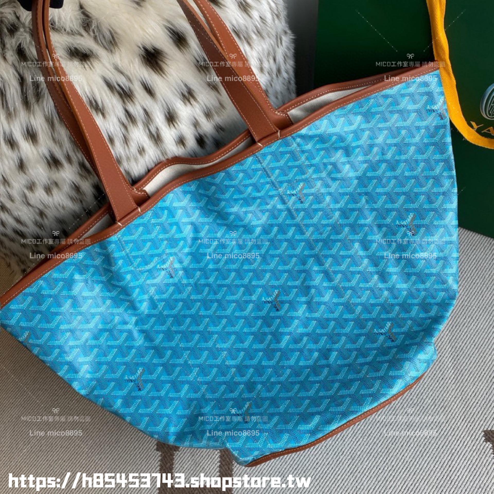 Goyard 雙面款 湖水藍帆布購物袋 拼接logo沙灘包 單肩手提女包