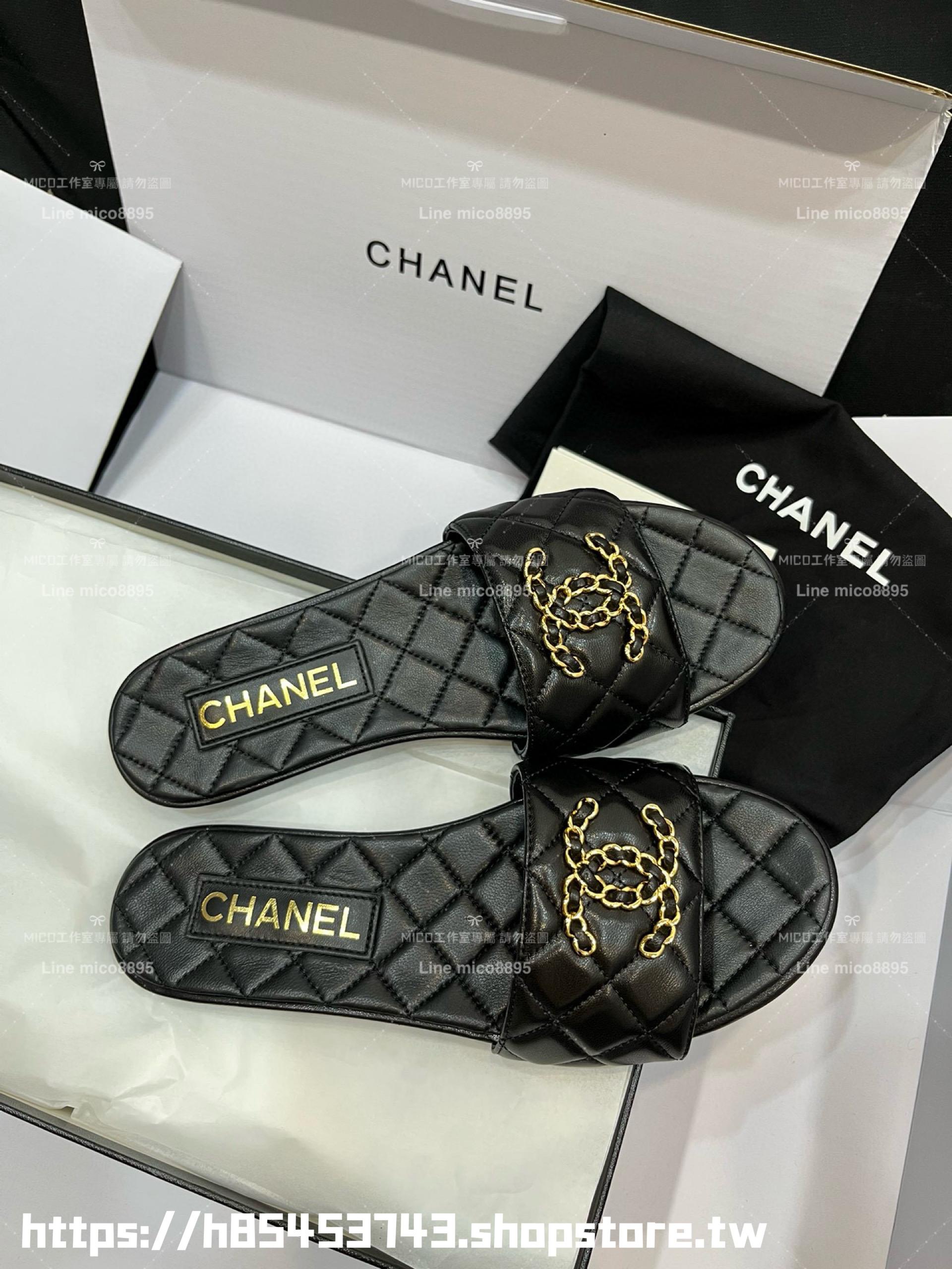 CHANEL 香奈兒 23c 黑色 鏈條金屬釦雙C拖鞋 真皮 小羊皮 35-40