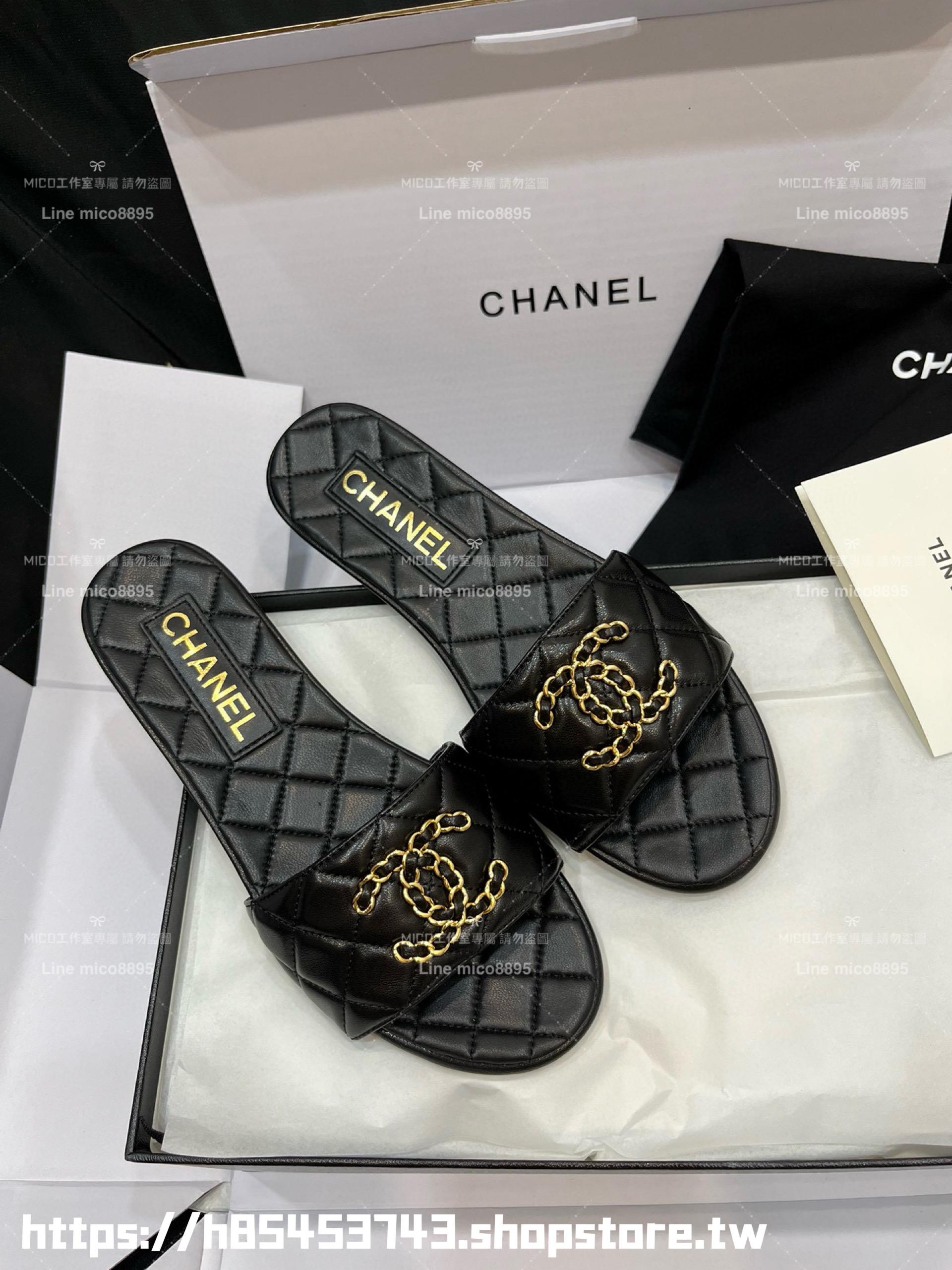 CHANEL 香奈兒 23c 黑色 鏈條金屬釦雙C拖鞋 真皮 小羊皮 35-40