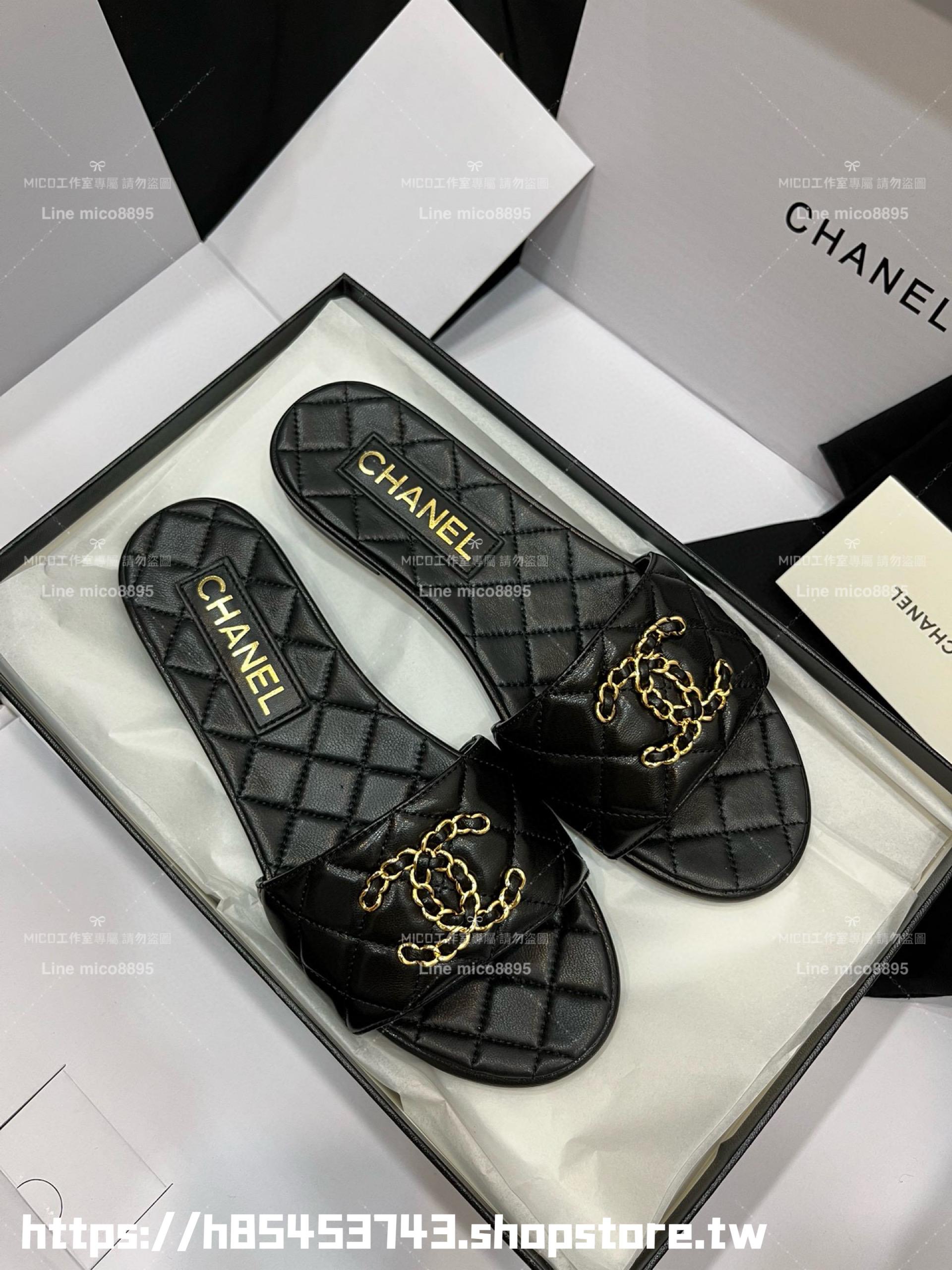 CHANEL 香奈兒 23c 黑色 鏈條金屬釦雙C拖鞋 真皮 小羊皮 35-40