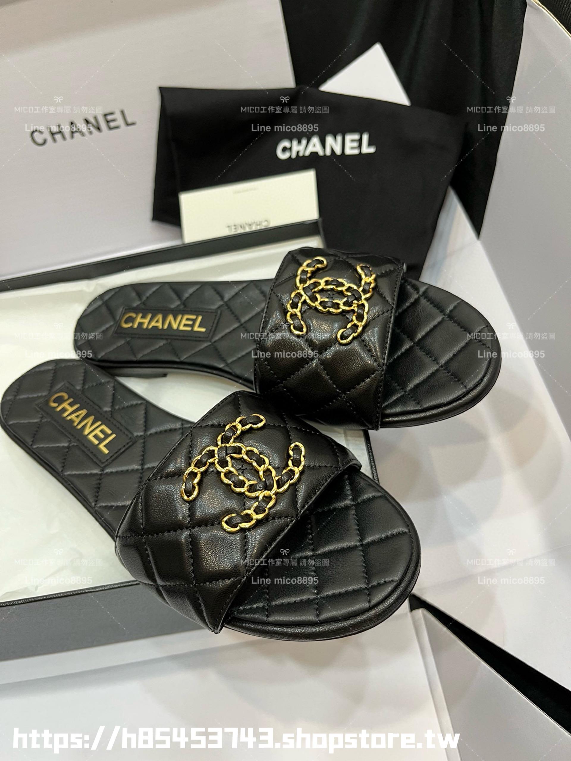 CHANEL 香奈兒 23c 黑色 鏈條金屬釦雙C拖鞋 真皮 小羊皮 35-40