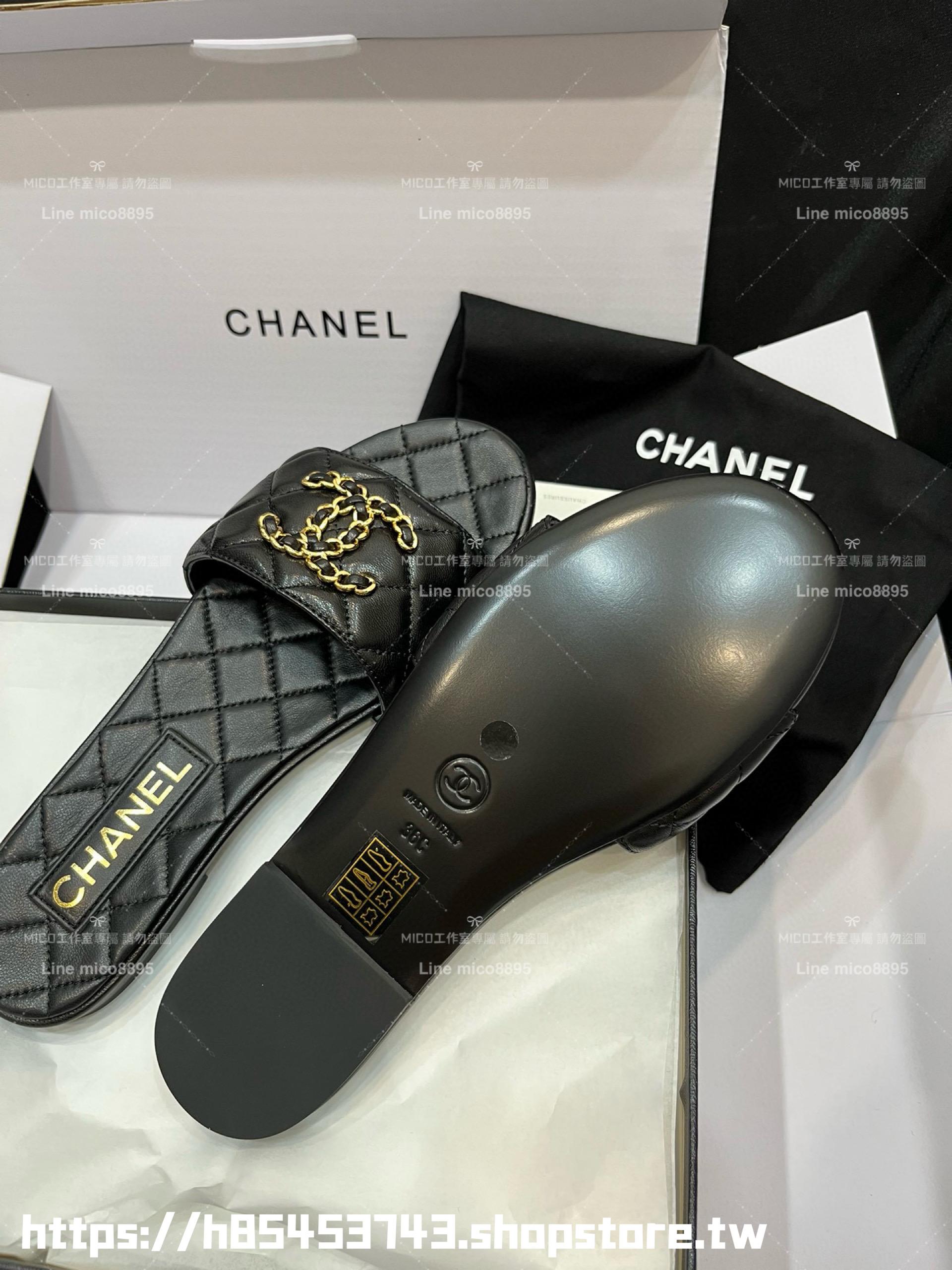 CHANEL 香奈兒 23c 黑色 鏈條金屬釦雙C拖鞋 真皮 小羊皮 35-40