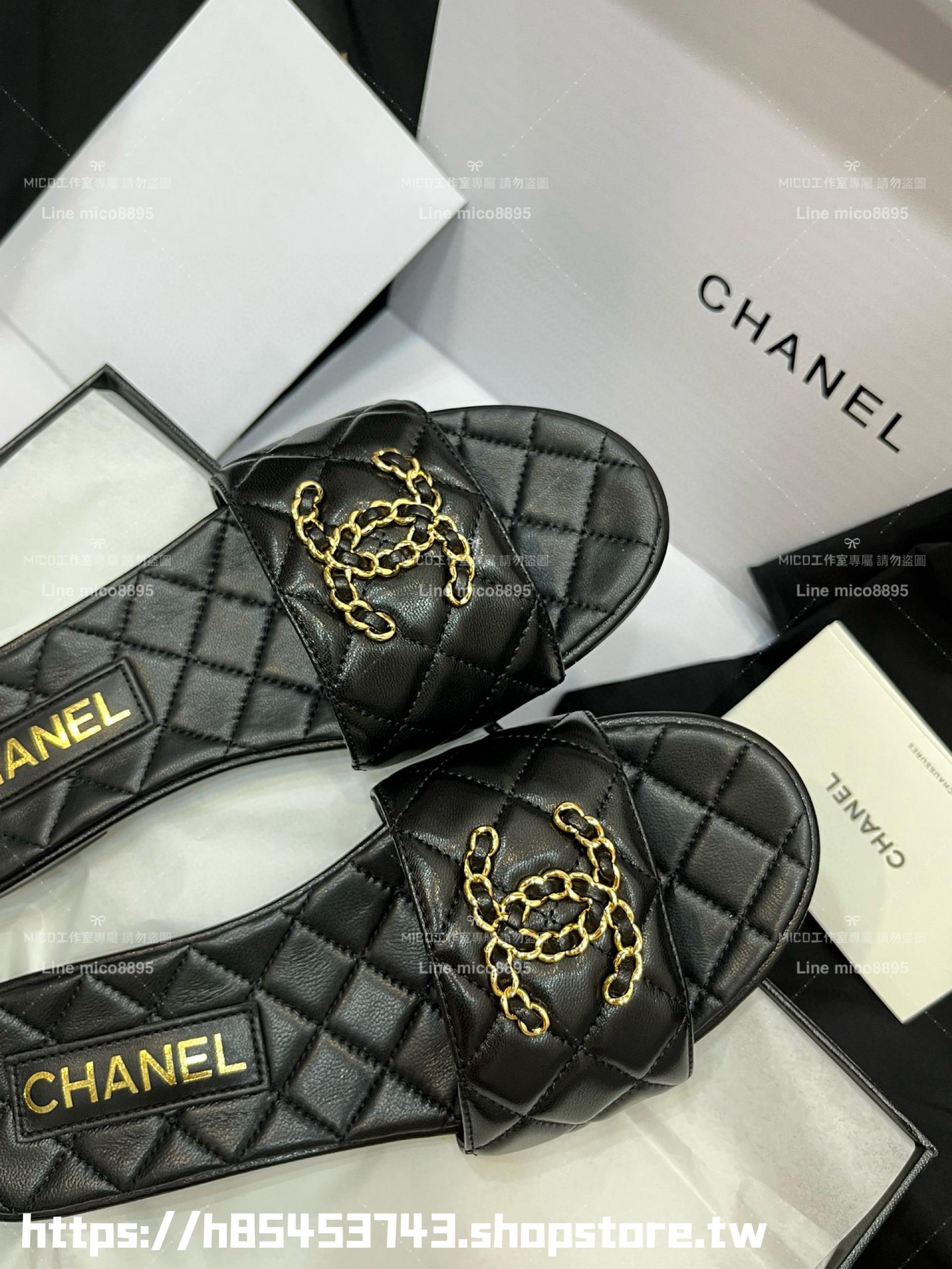 CHANEL 香奈兒 23c 黑色 鏈條金屬釦雙C拖鞋 真皮 小羊皮 35-40