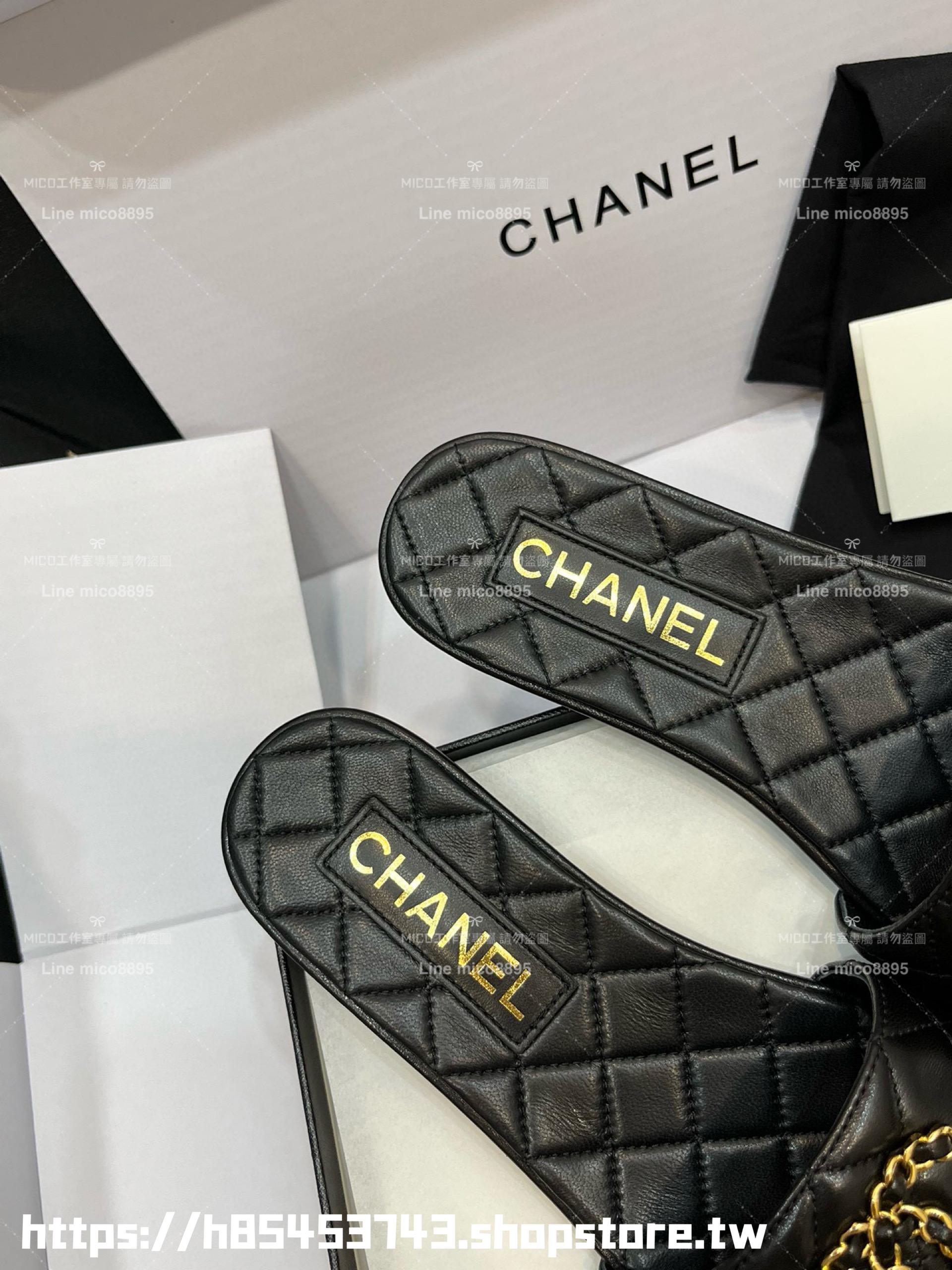 CHANEL 香奈兒 23c 黑色 鏈條金屬釦雙C拖鞋 真皮 小羊皮 35-40