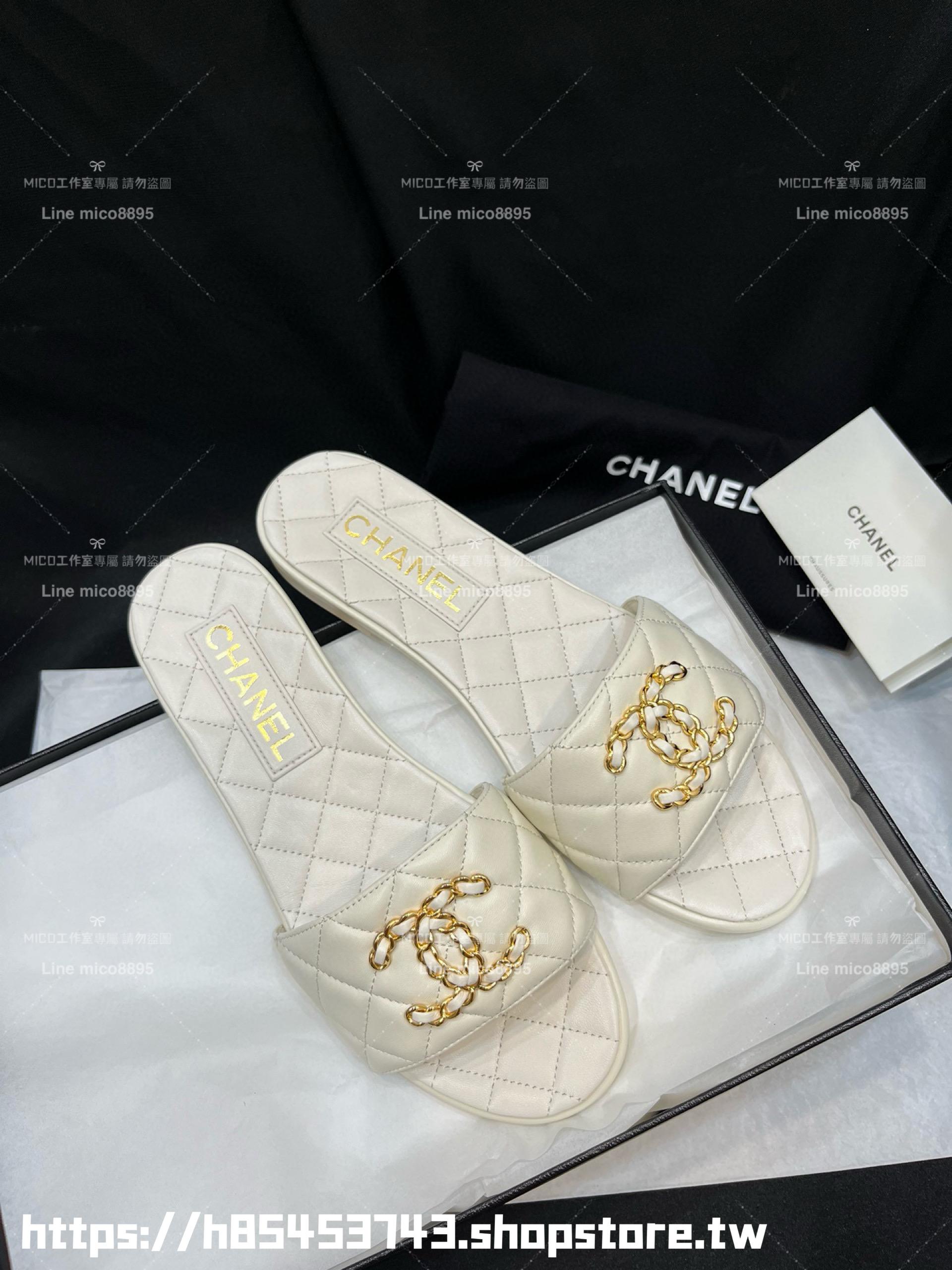 CHANEL 香奈兒 23c 白色 鏈條金屬釦雙C拖鞋 真皮 小羊皮 35-40