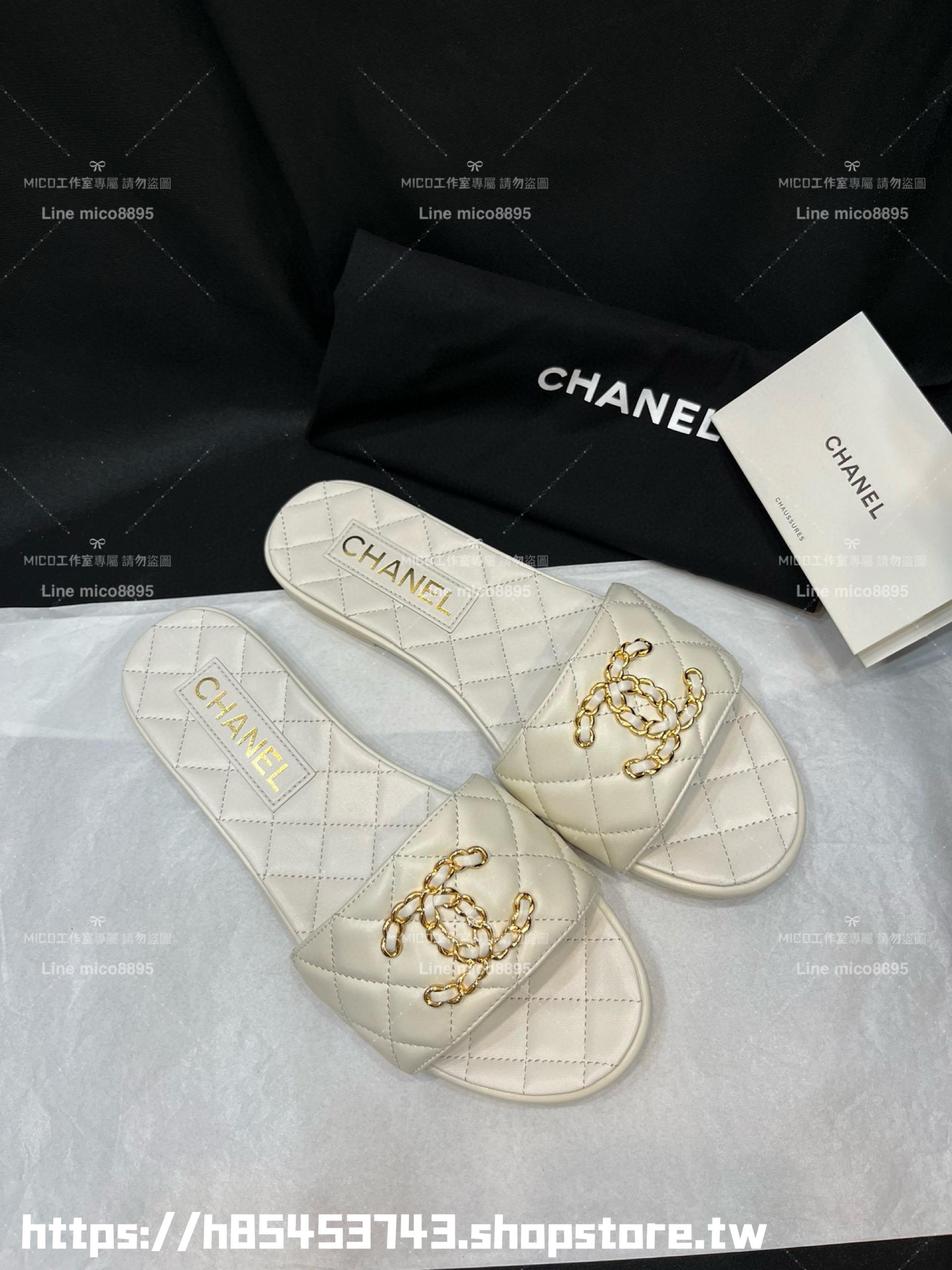 CHANEL 香奈兒 23c 白色 鏈條金屬釦雙C拖鞋 真皮 小羊皮 35-40