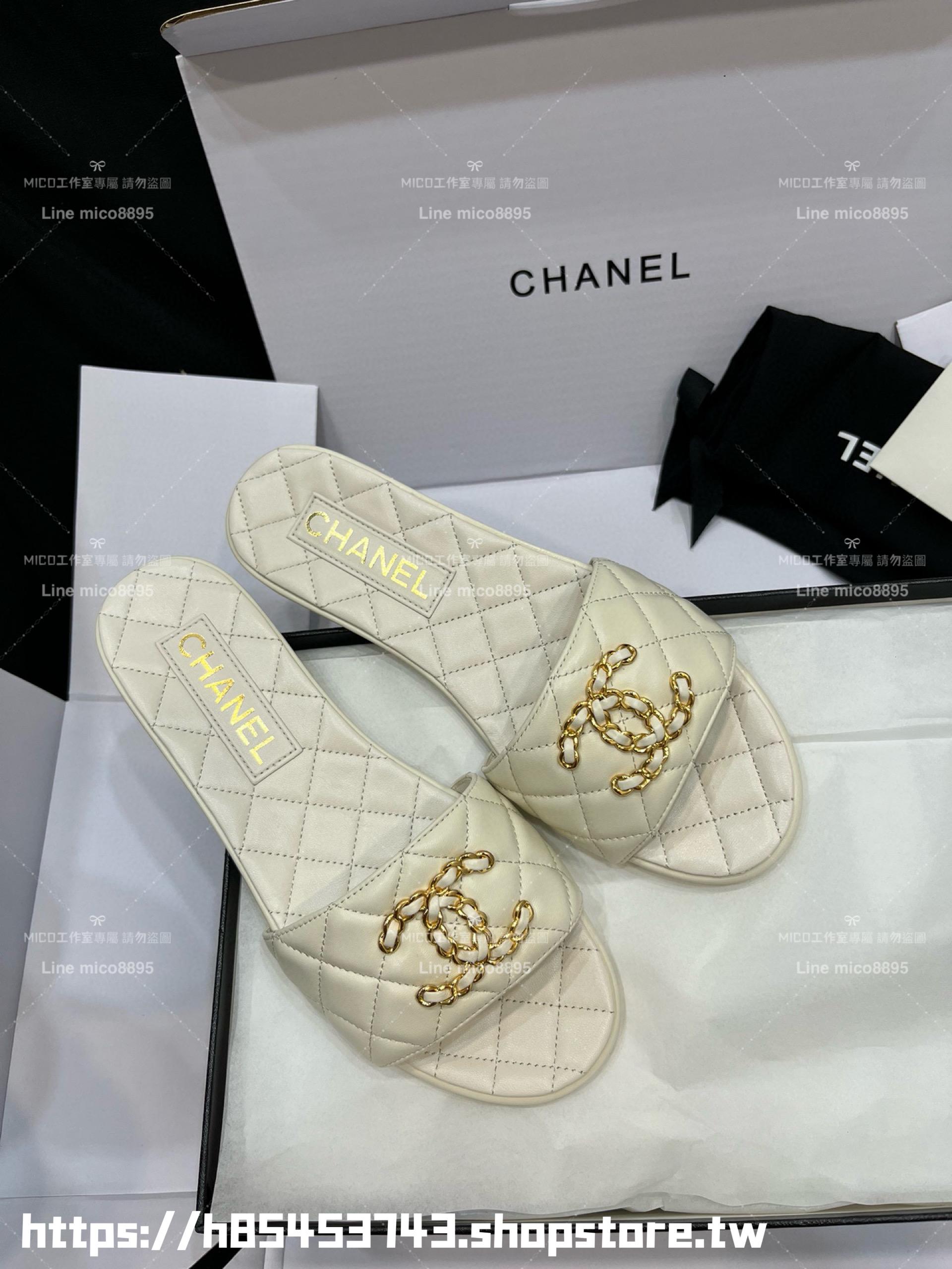 CHANEL 香奈兒 23c 白色 鏈條金屬釦雙C拖鞋 真皮 小羊皮 35-40