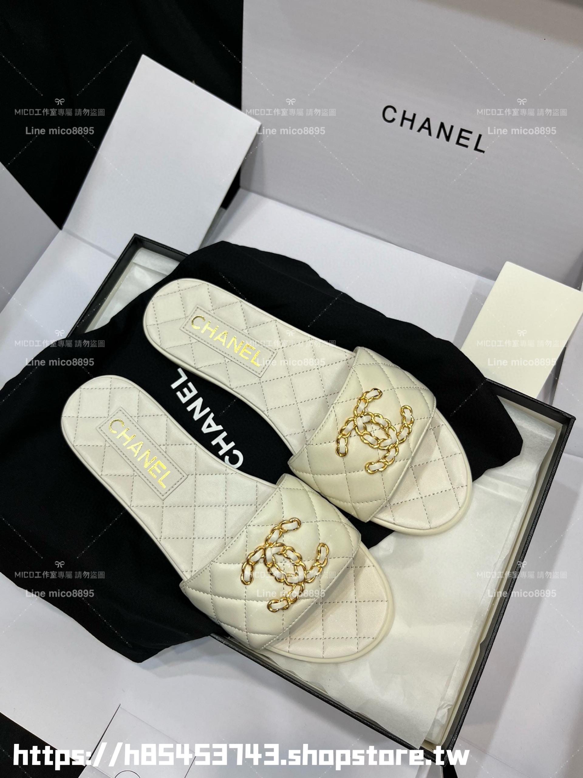 CHANEL 香奈兒 23c 白色 鏈條金屬釦雙C拖鞋 真皮 小羊皮 35-40