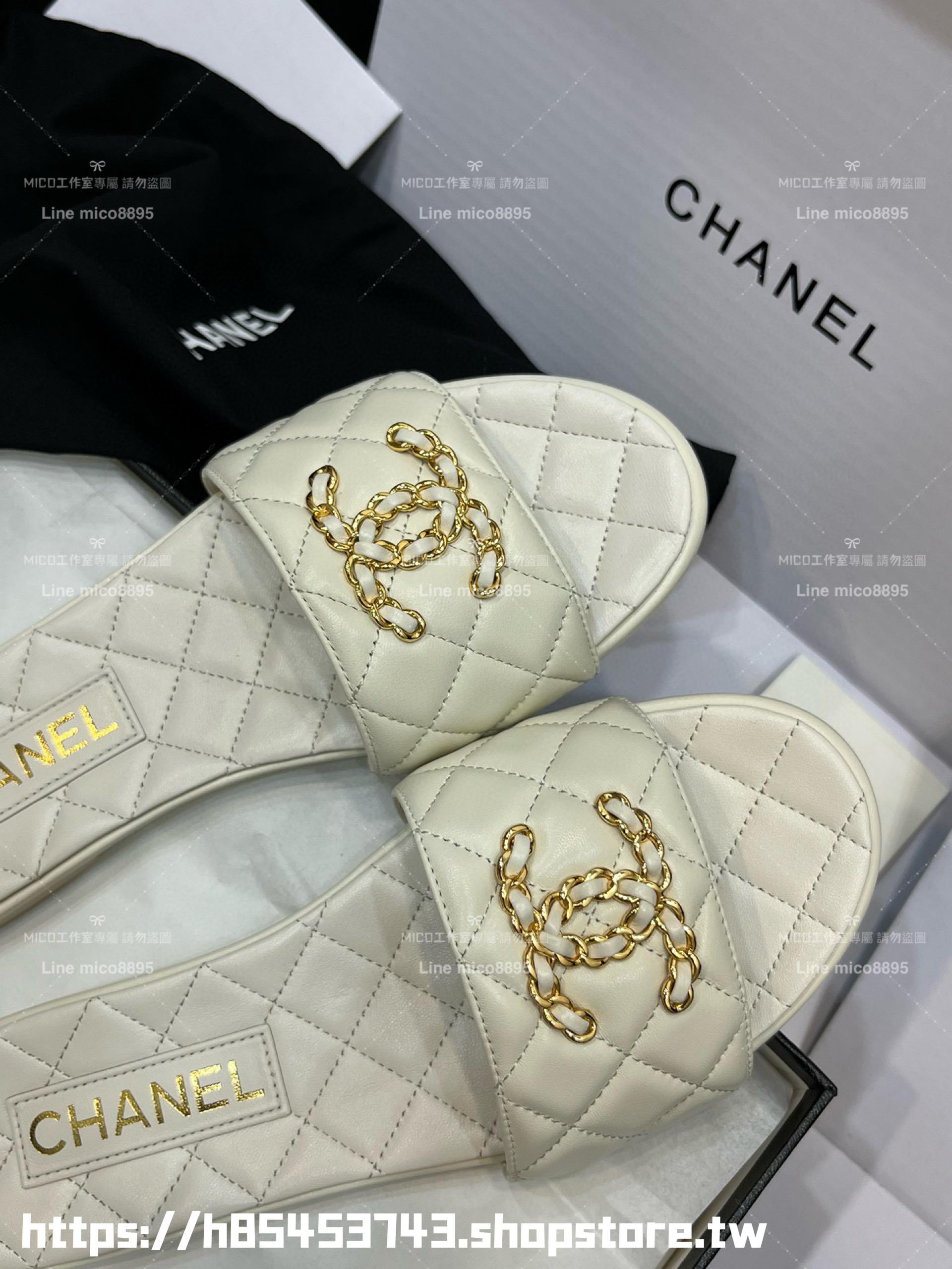 CHANEL 香奈兒 23c 白色 鏈條金屬釦雙C拖鞋 真皮 小羊皮 35-40