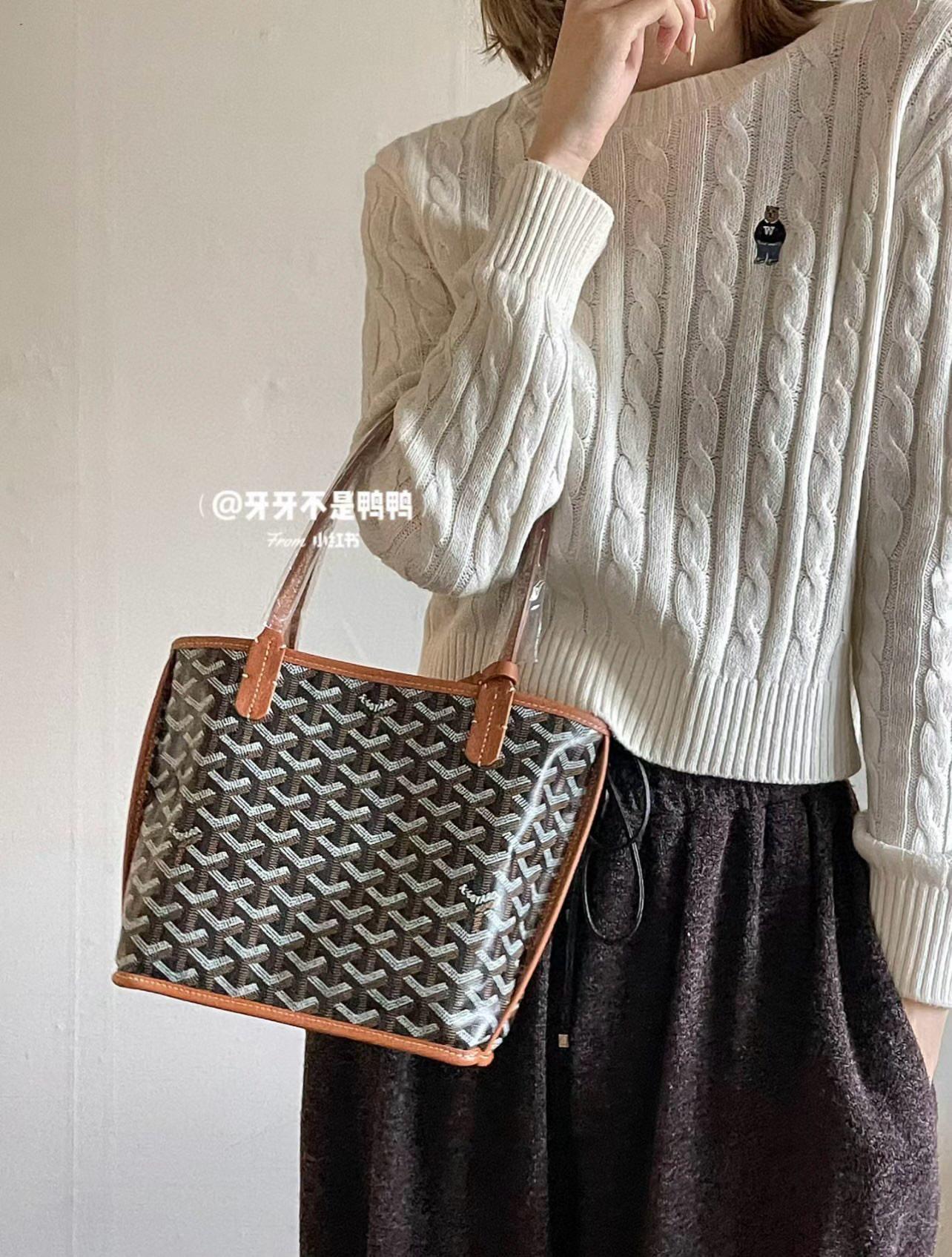 GOYARD 焦糖色 雙面可用 tote Anjou mini bag 帆布及皮革雙面可用迷你手提包 20cm