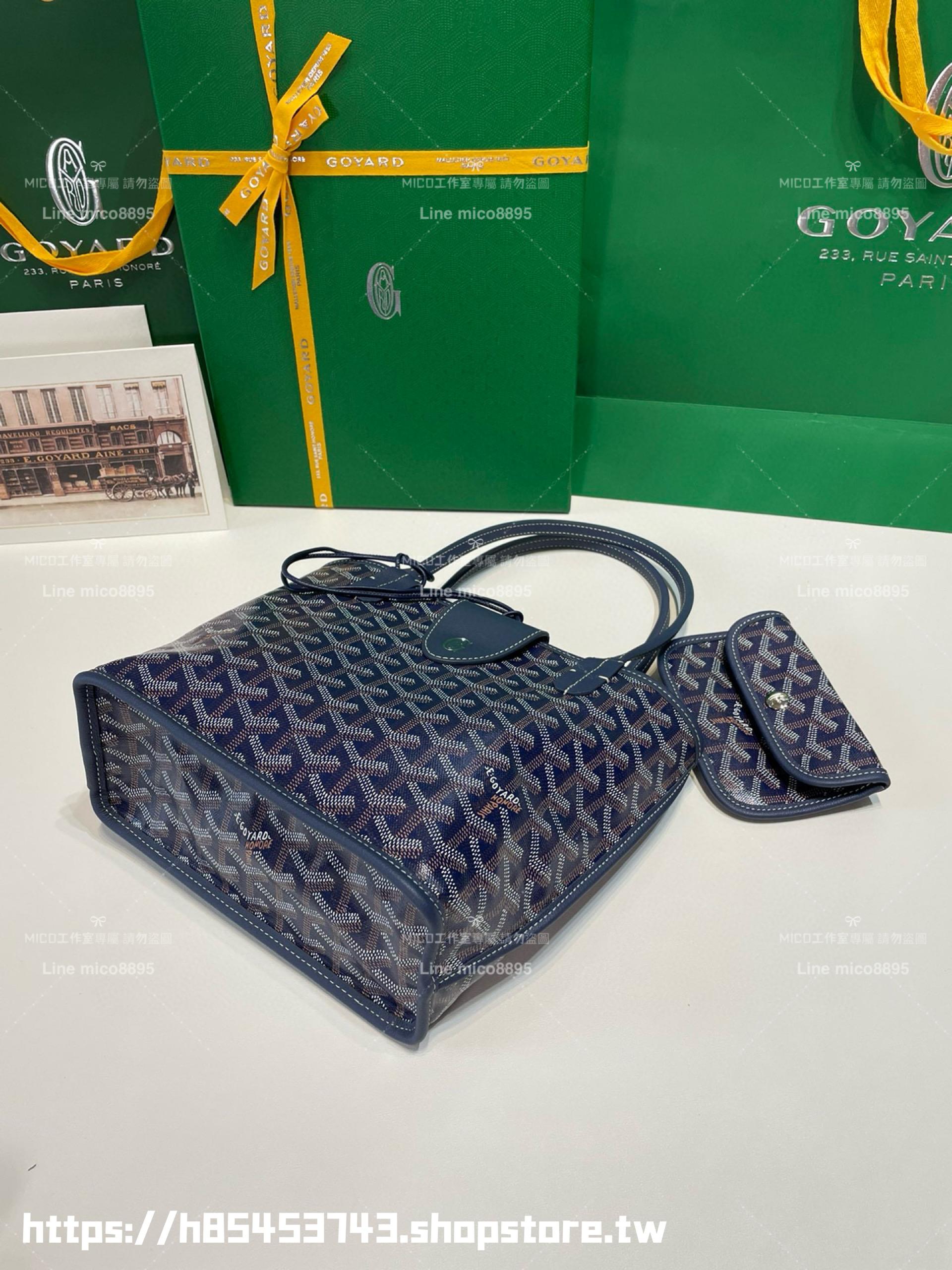 GOYARD 深藍色雙面tote mini Anjou (附包釦) 帆布及皮革雙面可用迷你手提包 20cm