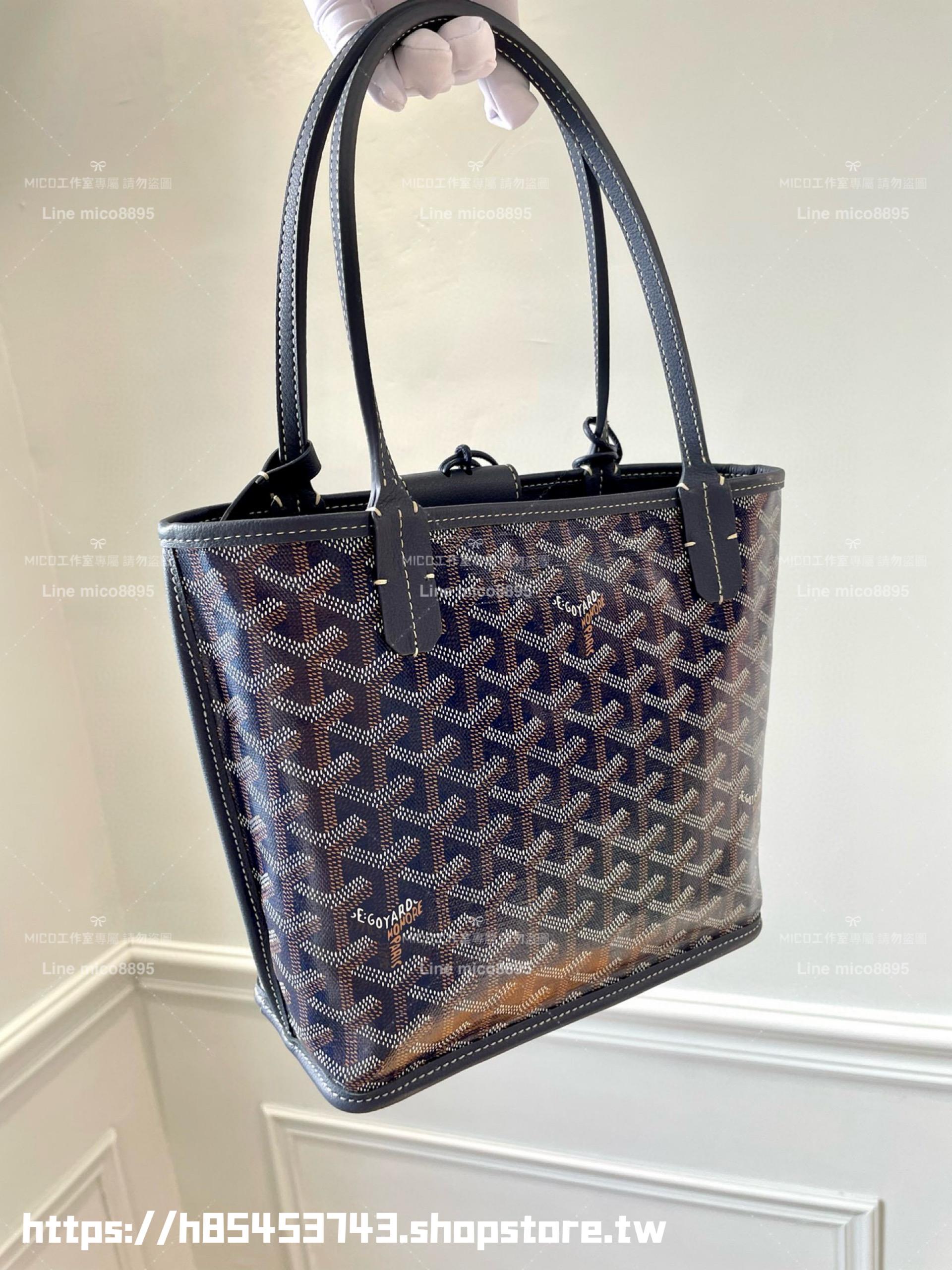 GOYARD 深藍色雙面tote mini Anjou (附包釦) 帆布及皮革雙面可用迷你手提包 20cm