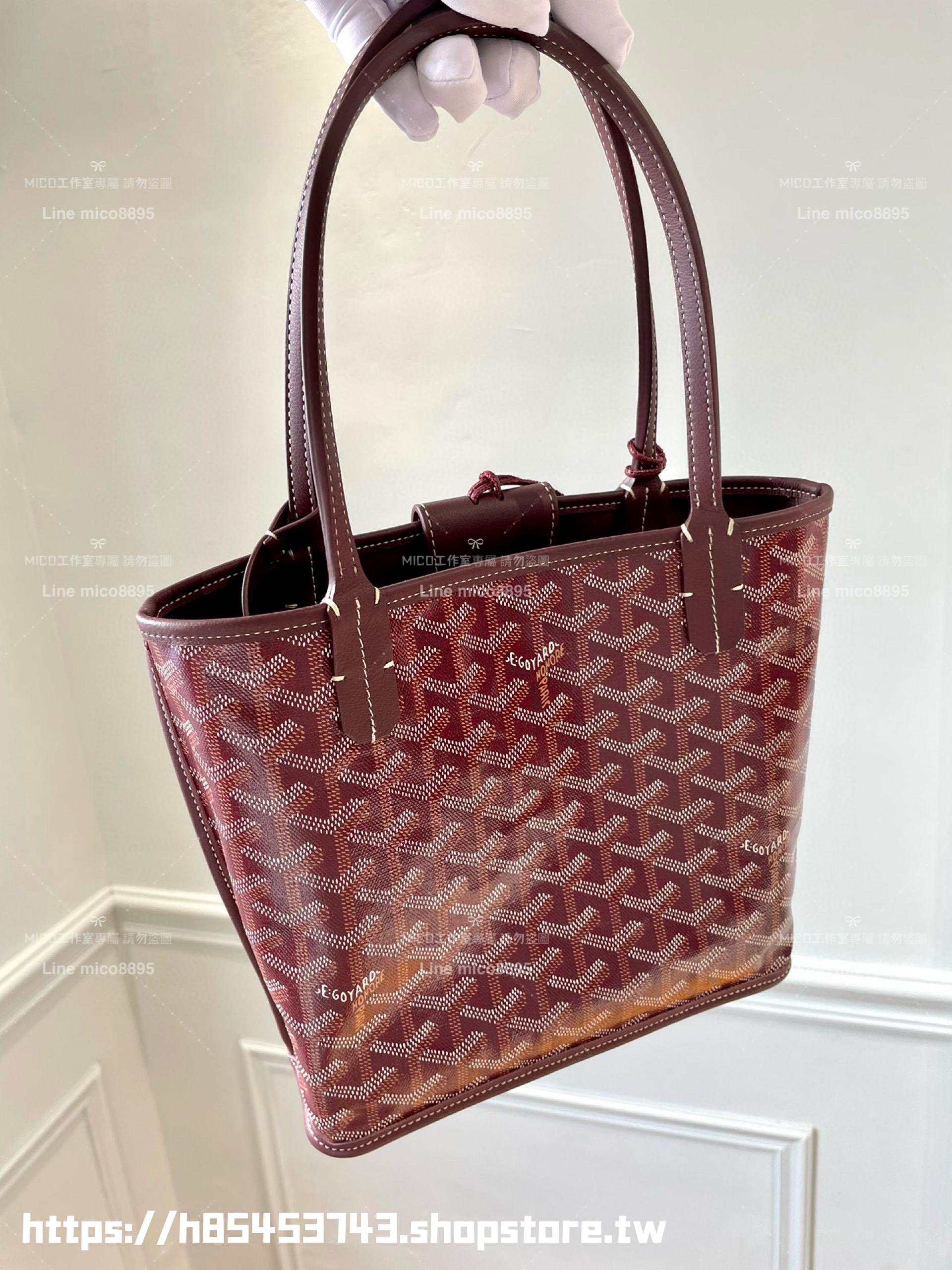 GOYARD 酒紅色雙面tote mini Anjou (附包釦) 帆布及皮革雙面可用迷你手提包 20cm